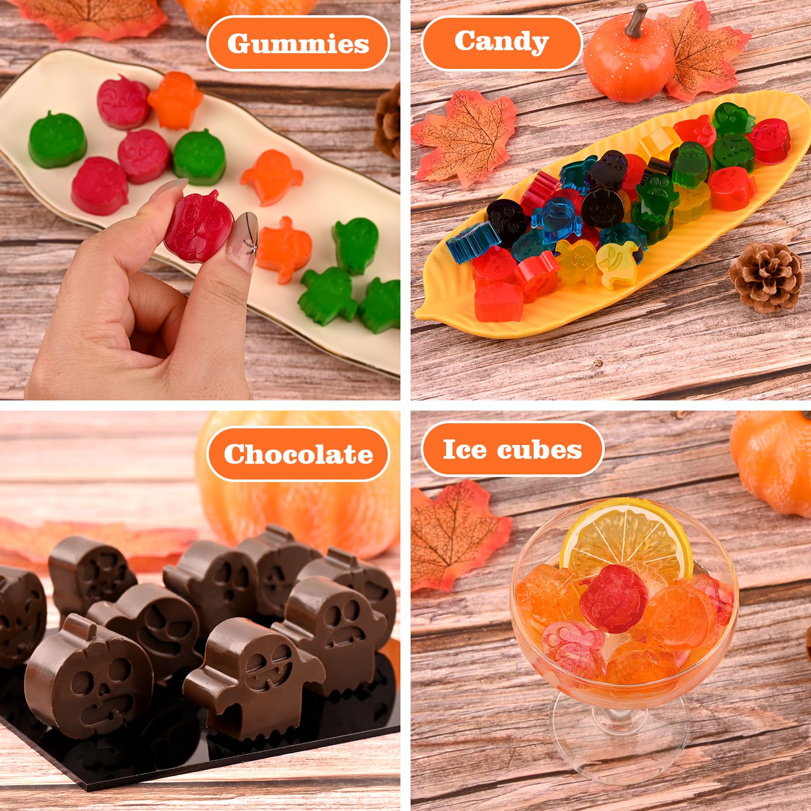 HUAKENER 4 Pack Halloween Silicone Molds - Pumpkin, Ghost Chocolate Candy Molds for Baking, DIY Treats, Wax Melts & Ice Cubes - Perfect for Halloween Party Decorations & Dessert Making