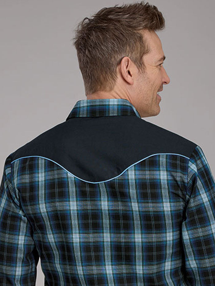 Men's Fancy Applique Plaid Western Shirt Blue - Roper 01 001 0024 1070 - Perfect for Country Music Festivals & Western Style Outfits