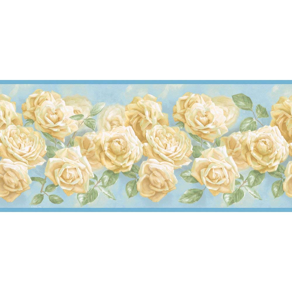 Blue and White Roses Floral Wallpaper Border - Self-Adhesive Peel and Stick Wall Decoration for Bedroom, Living Room, Nursery & Home Decor