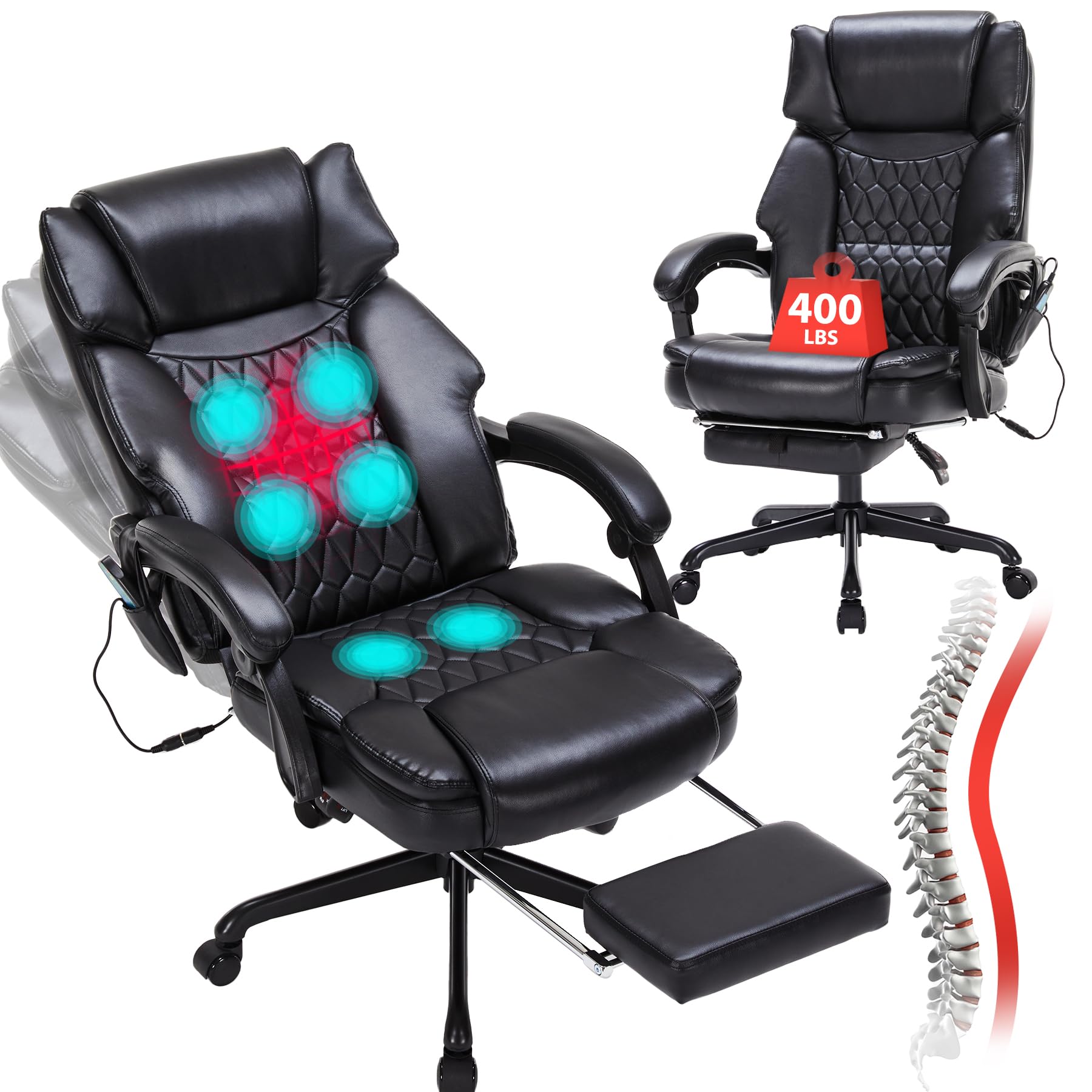 Ergonomic Massage Office Chair with Foot Rest - 6-Point Vibration & Heating - Heavy Duty 400lbs Capacity - Reclining Executive Desk Chair for Home & Office (Black) - Perfect for Long Work Hours, Back Pain Relief & Relaxation