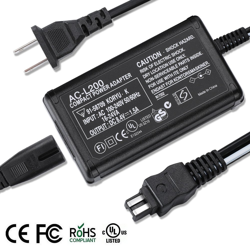 Original AC-L200 Power Adapter Charger for Sony Handycam Camcorder DCR-SX40/SX41/SX44/SX45/SX60/SX63/SX65/SX83/SX85 DCR-CX190 HDR-CX210/CX220 CX330/CX380/CX390 CX625/CX230/CX675 - Perfect for Travel Vlogging & Home Video Recording