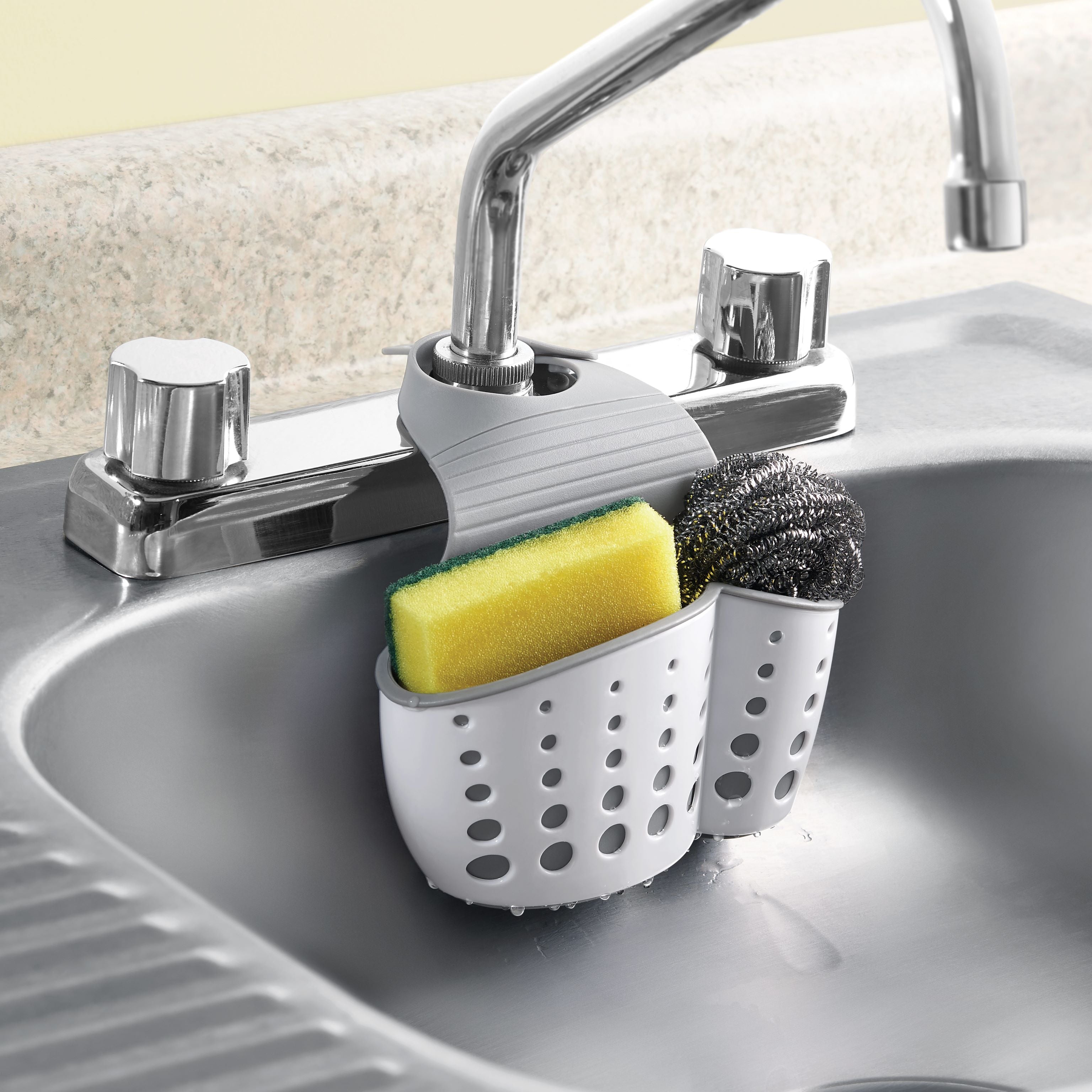 Stainless Steel Faucet Caddy Organizer - Space Saving Sponge & Scrubber Holder for Kitchen Sink - Perfect for Cleaning Supplies Storage (Black) - Ideal for Small Apartments & RVs