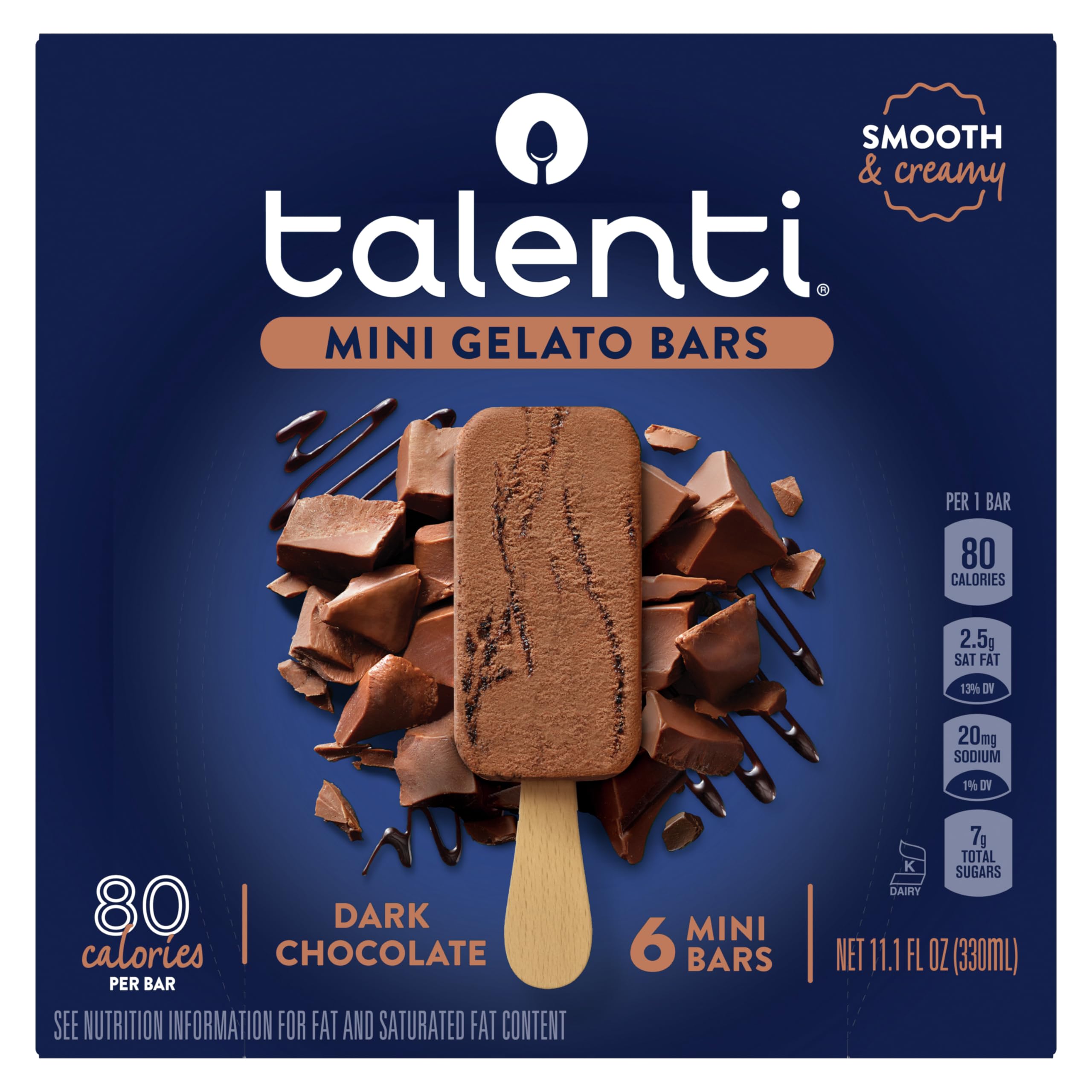 Talenti Mini Gelato Bars - Dark Chocolate (6-Pack) | Low-Calorie Dessert for Parties