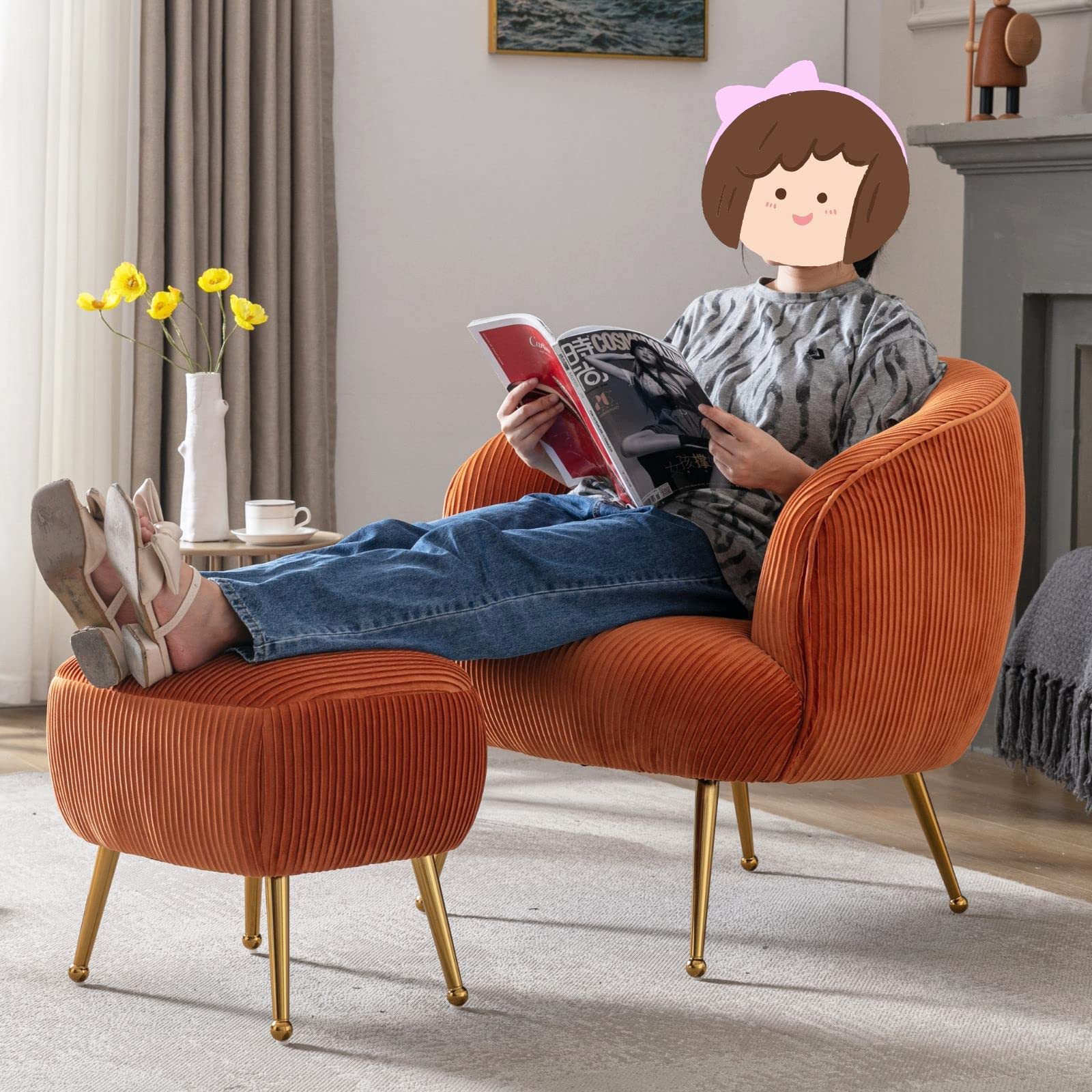 DUOMAY Modern Velvet Accent Armchair with Golden Legs - Barrel Upholstered Lounge Chair, Comfortable Single Sofa for Living Room, Bedroom & Office - Perfect for Relaxing, Reading & Decor (Orange)