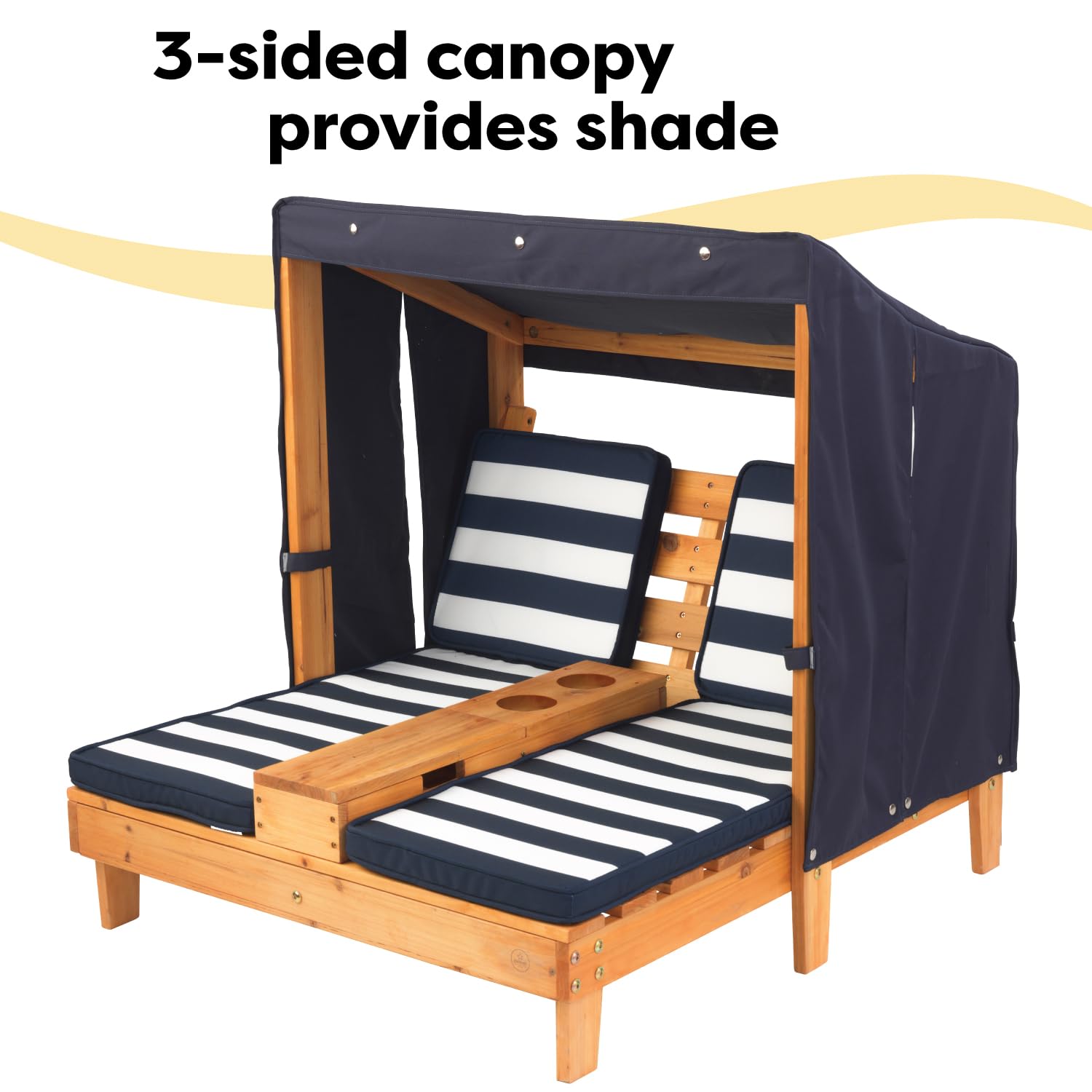 KidKraft Wooden Outdoor Double Chaise Lounge for Kids with Cup Holders - Patio Furniture Set with Navy & White Striped Fabric - Perfect Gift for Ages 3-8 - Ideal for Backyard, Poolside & Outdoor Play Areas