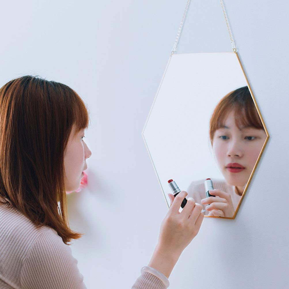 Hexagonal Wall Mounted Makeup Mirror with Magnification - Golden Pearlescent Geometric Mirror for Bathroom, Bedroom & Vanity Decor