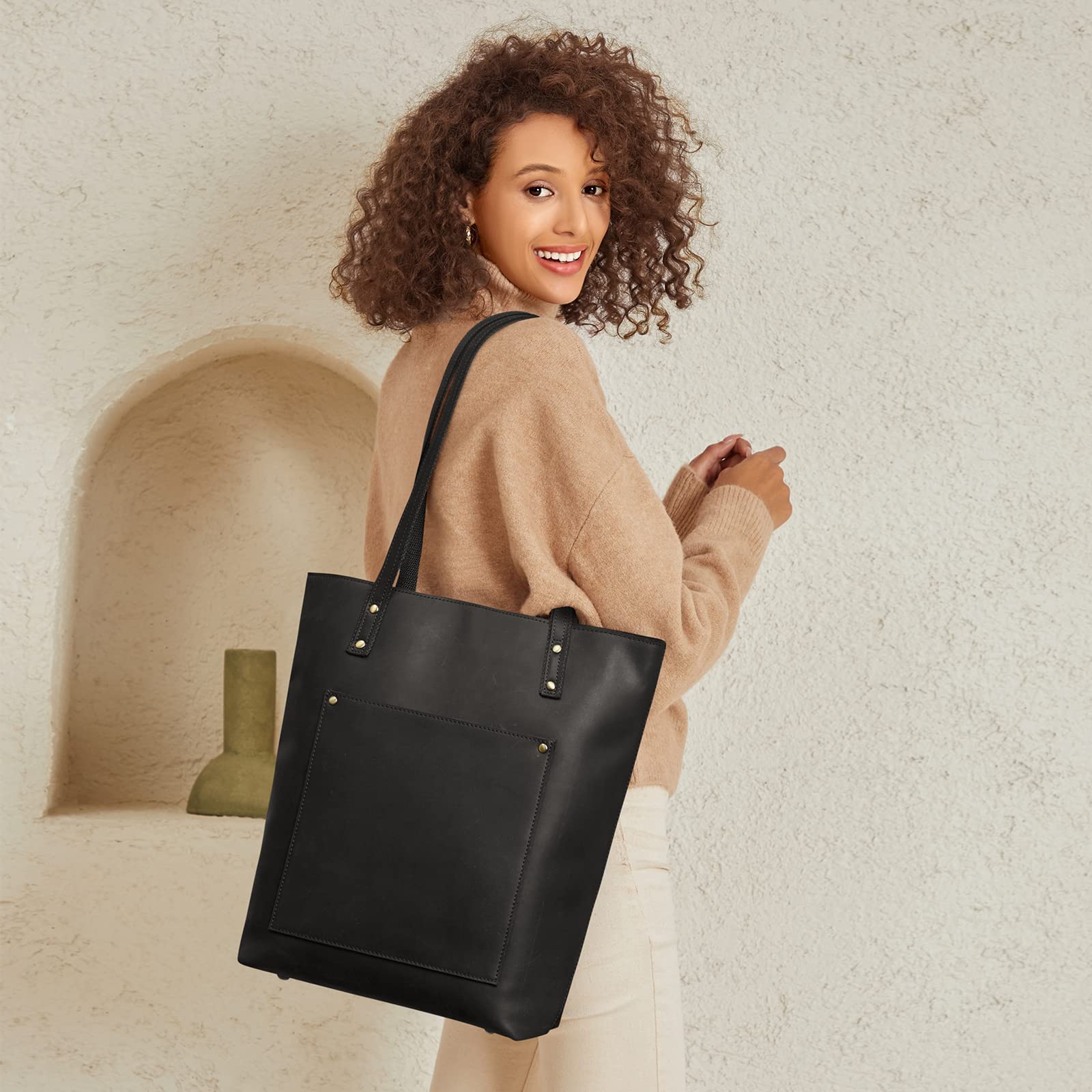 S-ZONE Women's Genuine Leather Tote Bag & Crossbody Bucket Purse Set - Stylish Vertical Shoulder Handbag for Work, Travel & Everyday Use