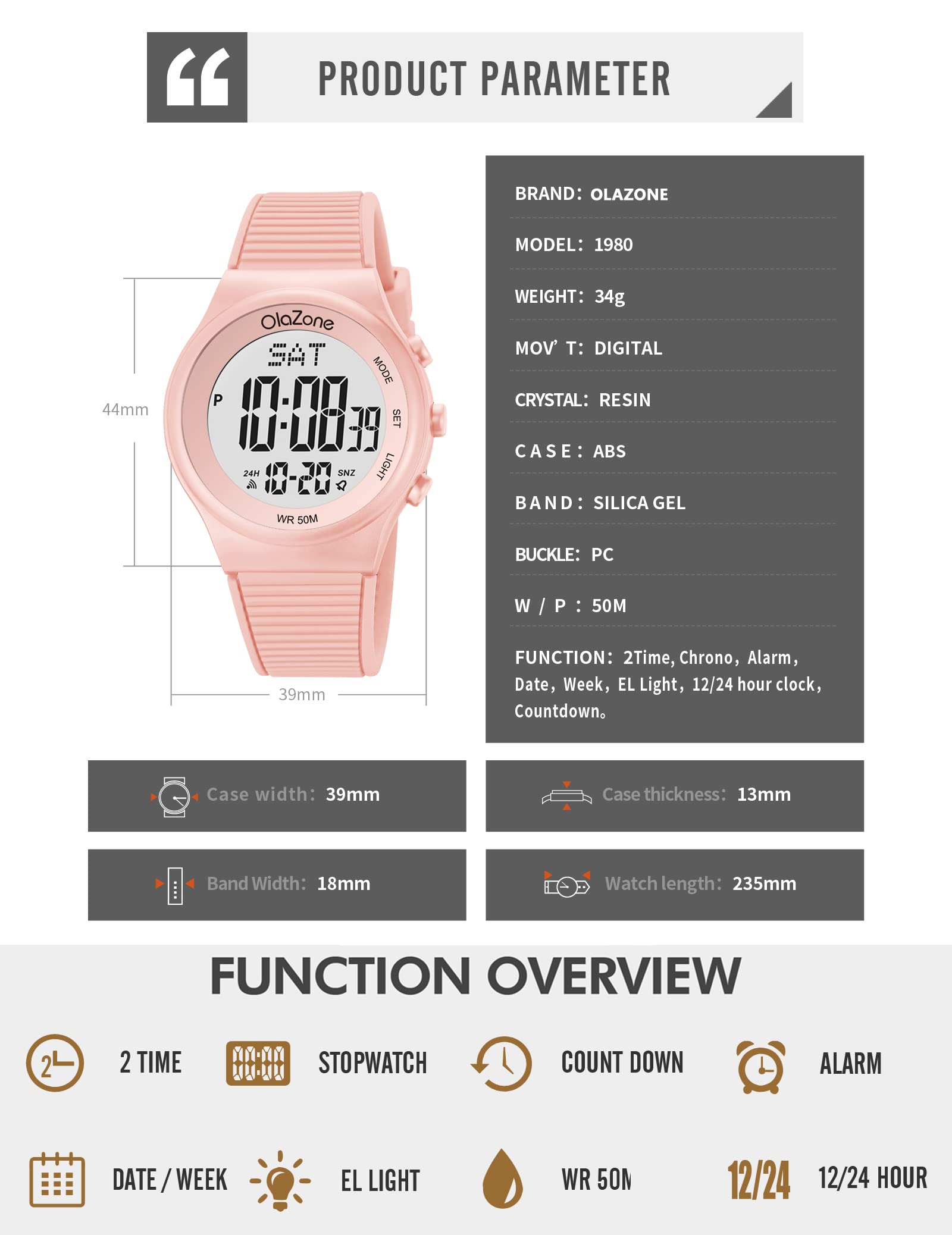 Waterproof Digital Sports Watch for Girls - Nude Pink for Outdoor & School