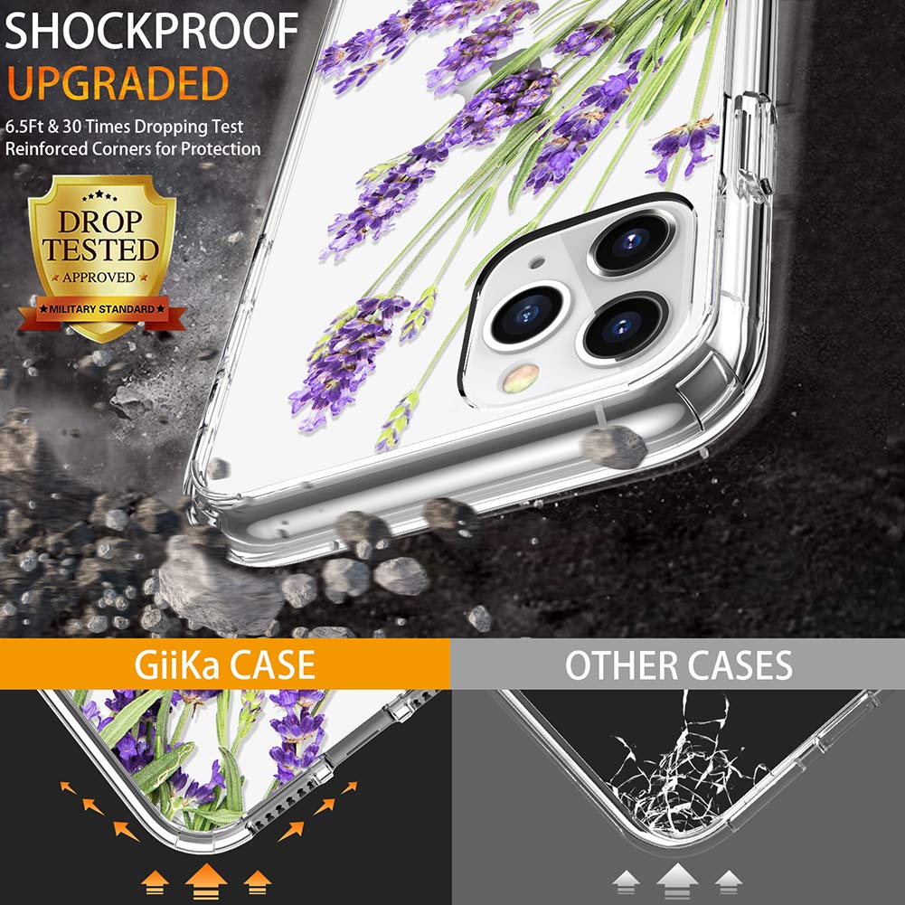 GiiKa Clear Floral Shockproof Hard PC Case with TPU Bumper & Screen Protector for iPhone 11 Pro Max | Protective Phone Cover for Women | Perfect for Everyday Use, Work & Travel - Purple Flowers Design