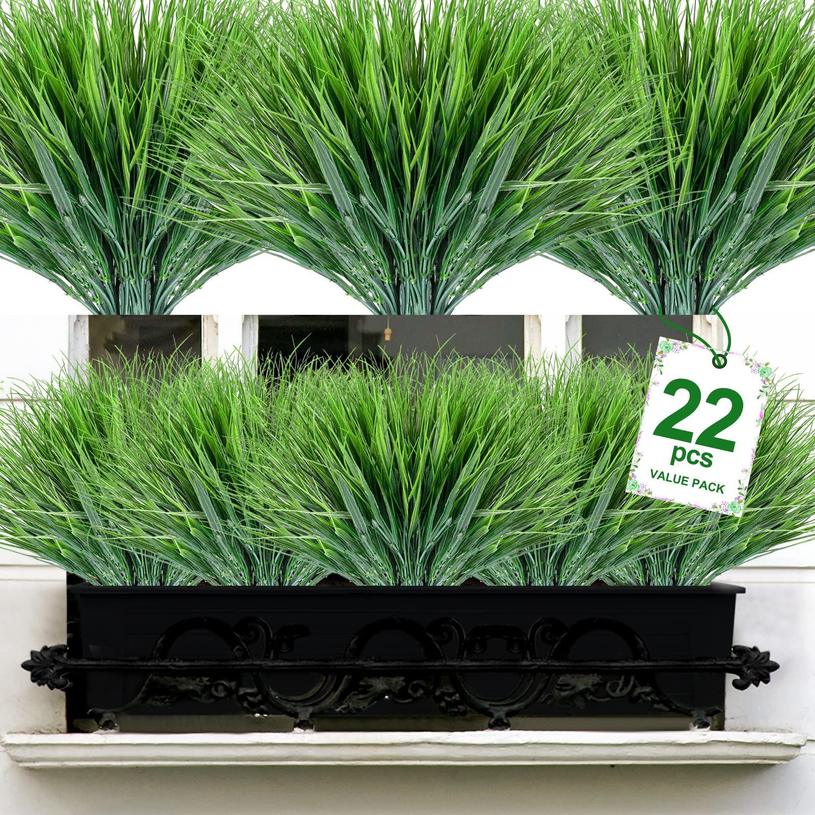 22 Bundles Artificial Grass for Outdoor & Indoor - Faux Plastic Greenery Shrubs - No Fade UV Resistant - Perfect for Garden, Porch, Window Box & Home Decor