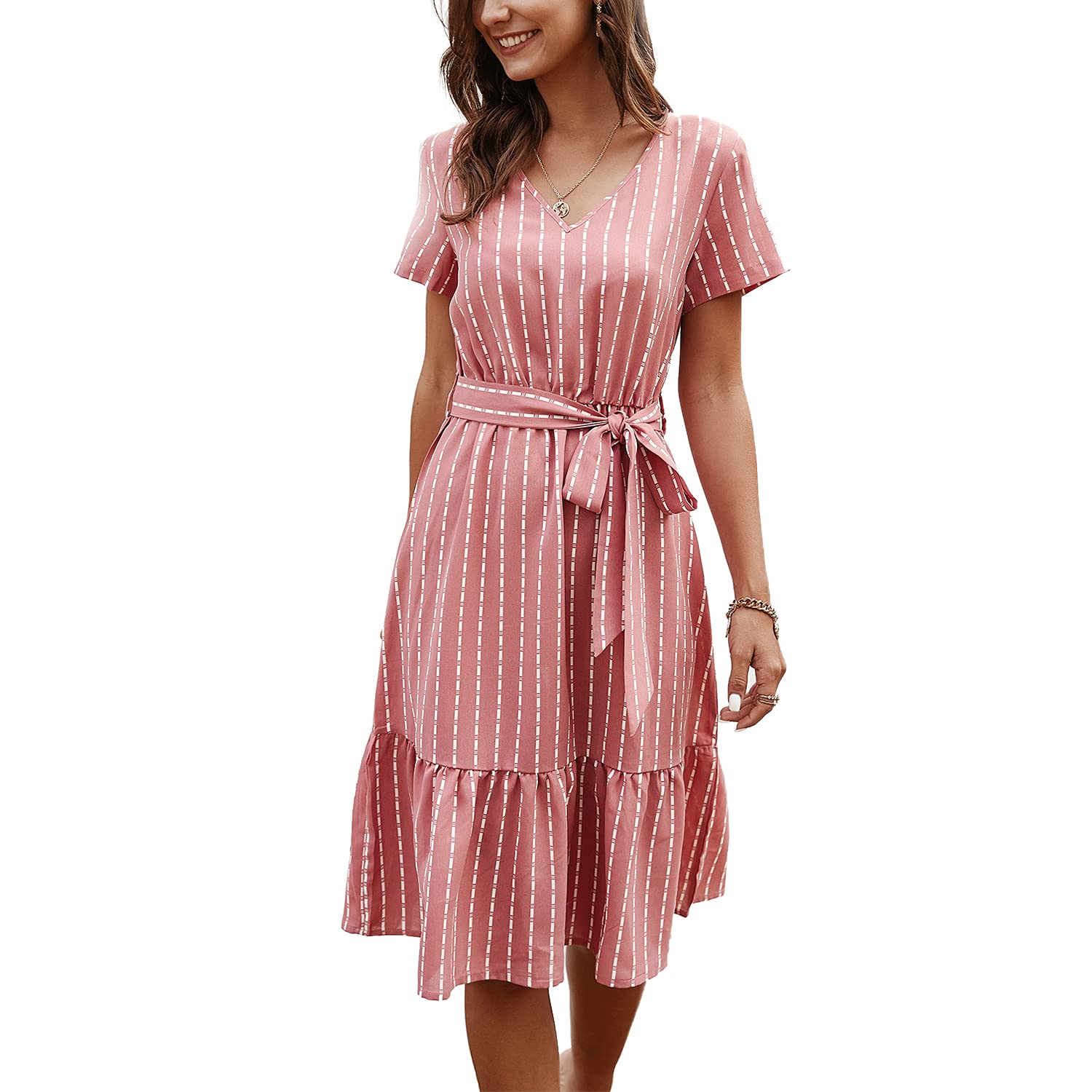 BROVAVE Women's Summer Short Sleeve V-Neck Striped Midi Dress with Tie Waist - Casual Office Work Dress for Business, Dating & Vacation