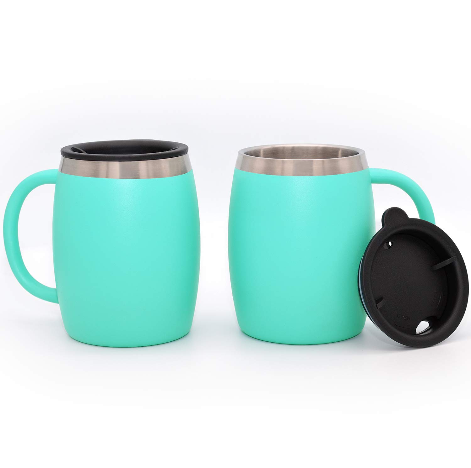 Premium Stainless Steel Insulated Coffee Mugs Set of 2 (14oz) - Double Wall Vacuum Insulated Travel Mugs with Leak-Proof Lid & Comfortable Handle - BPA-Free Hot & Cold Beverage Cups for Office, Camping, Hiking, and Commuting (Aqua Blue)