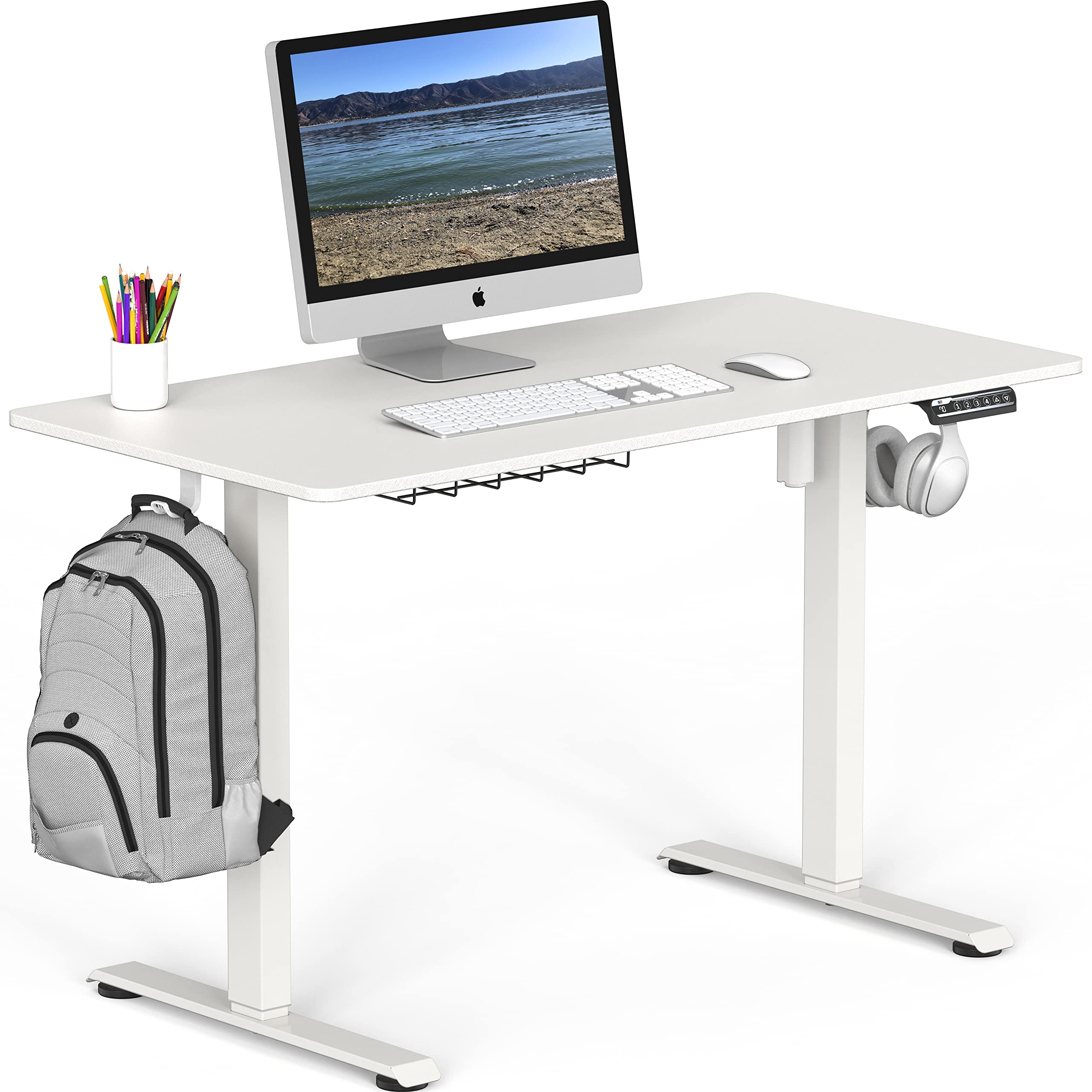 SHW 48-Inch Electric Height Adjustable Sit to Stand Desk with Hanging Hooks & Cable Management, 122 x 60cm White - Perfect for Home Office, Gaming & Workspace Ergonomics