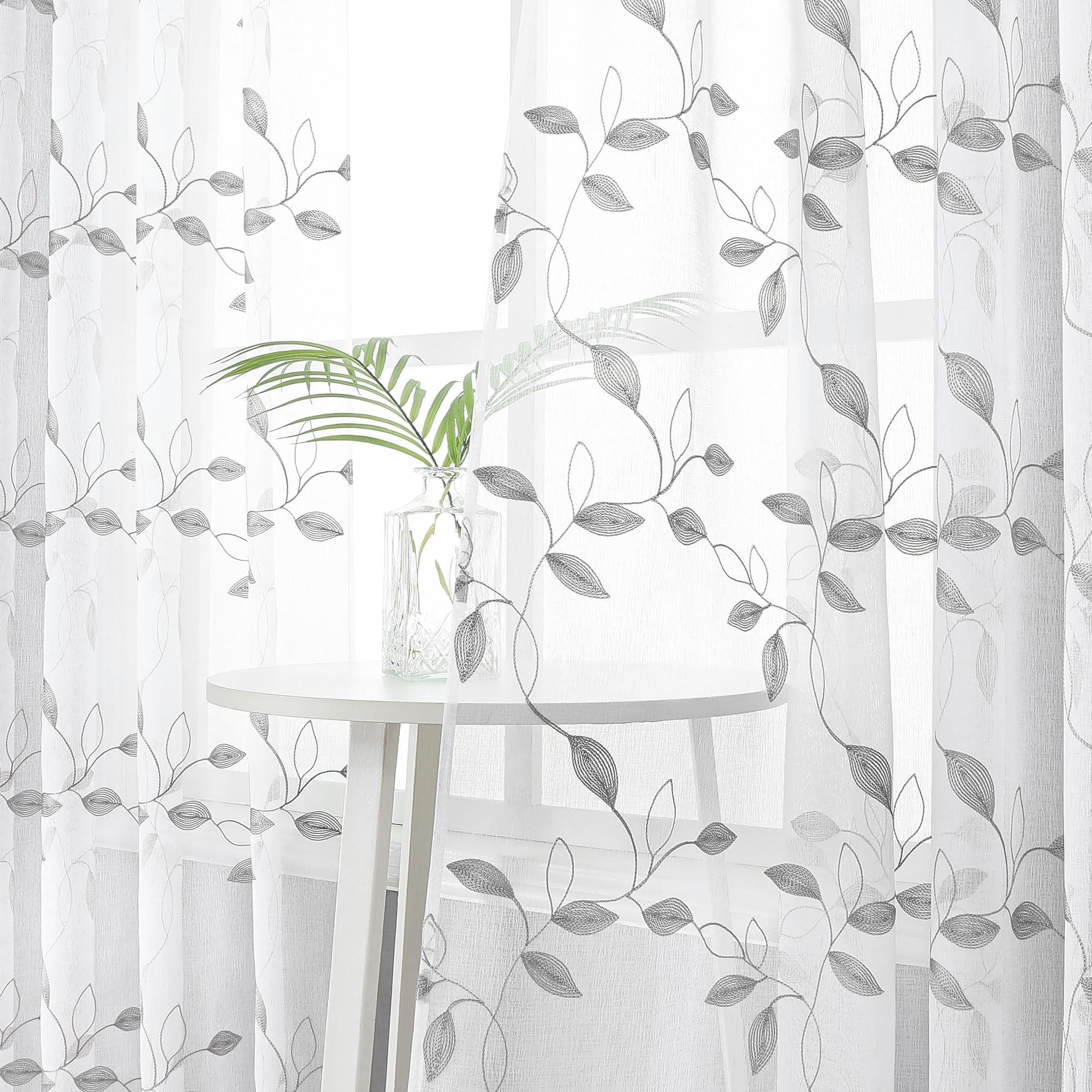 Grey Leaf Sheer Tier Curtains - Embroidered Voile Kitchen & Bathroom Window Panels with Rod Pocket, 30 x 24 Inches, Set of 2 - Perfect for Home, Cafe, and Office Decor