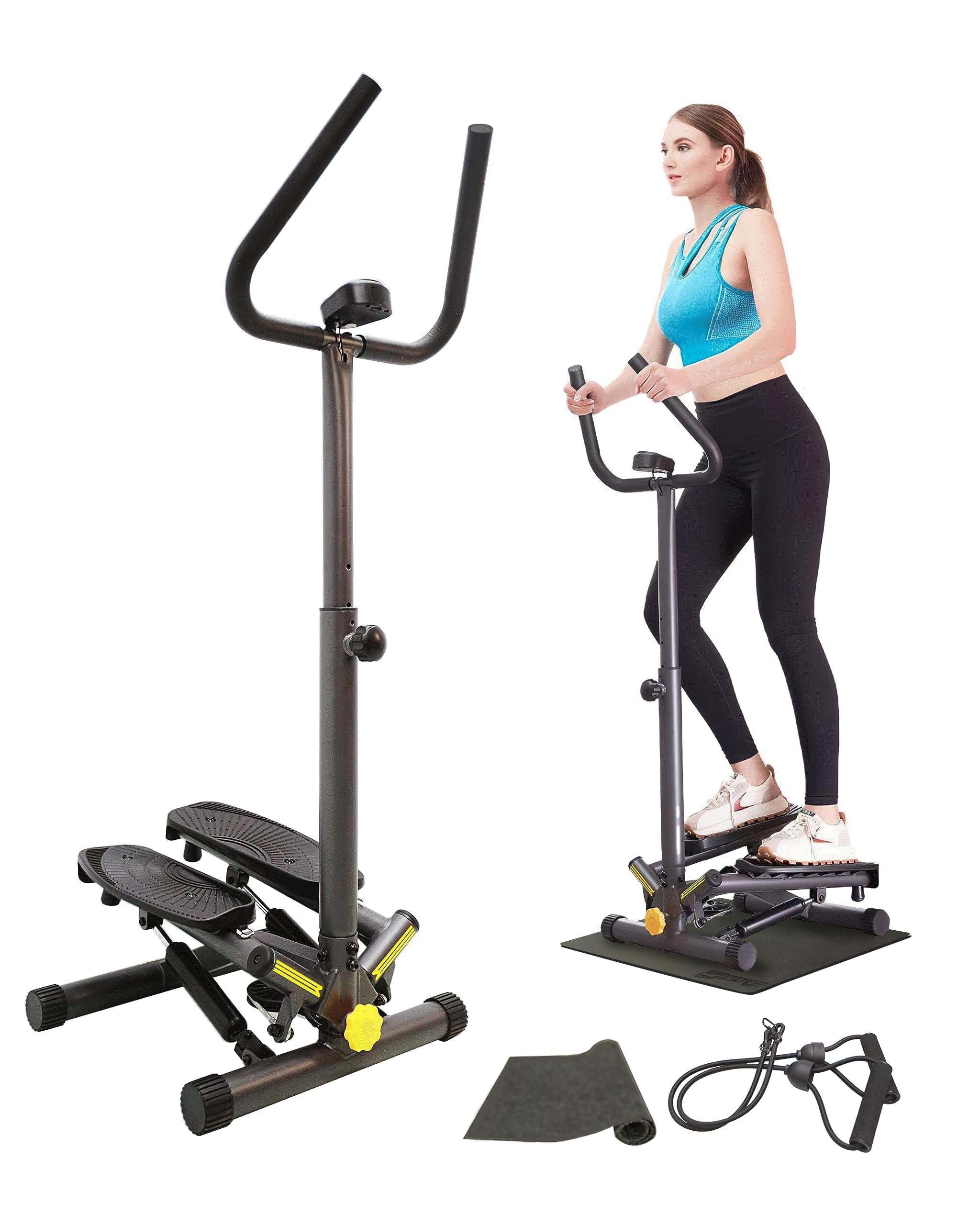 Twist Stepper with Resistance Bands & Handlebar - 300LBS Weight Capacity Mini Stepper Machine for Full Body Workout - Adjustable Step Height, Smooth & Quiet Exercise Equipment for Home Gym, Office, or Small Spaces