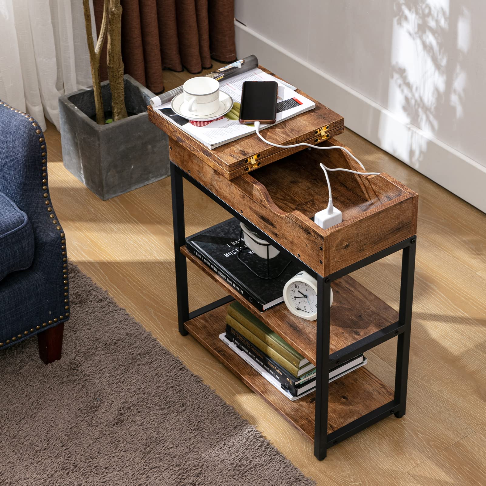 AUXSOUL Flip Top Side Table with Charging Station - Rustic Brown End Table with USB Ports & Power Outlets, Storage Shelf Nightstand for Small Spaces - Perfect for Living Room, Bedroom & Office Use