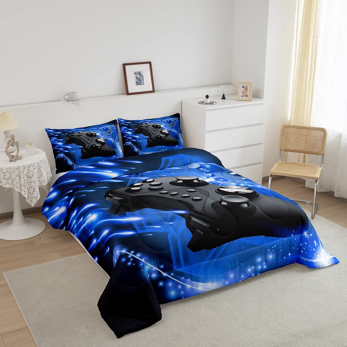 Erosebridal Teens Gamer Comforter Set - Twin Size Video Game Themed Bedding for Boys & Girls | Controller & Joystick Design Gaming Duvet Cover | Perfect for Bedroom, Living Room & Game Room Decor | Blue