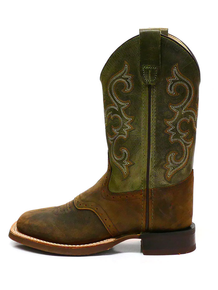 Old West BSC1915 BSY1915 Kids Square Toe Western Boots - Olive Green Cowboy Boots for Boys & Girls - Perfect for Rodeo, Country Dance & Western Fashion