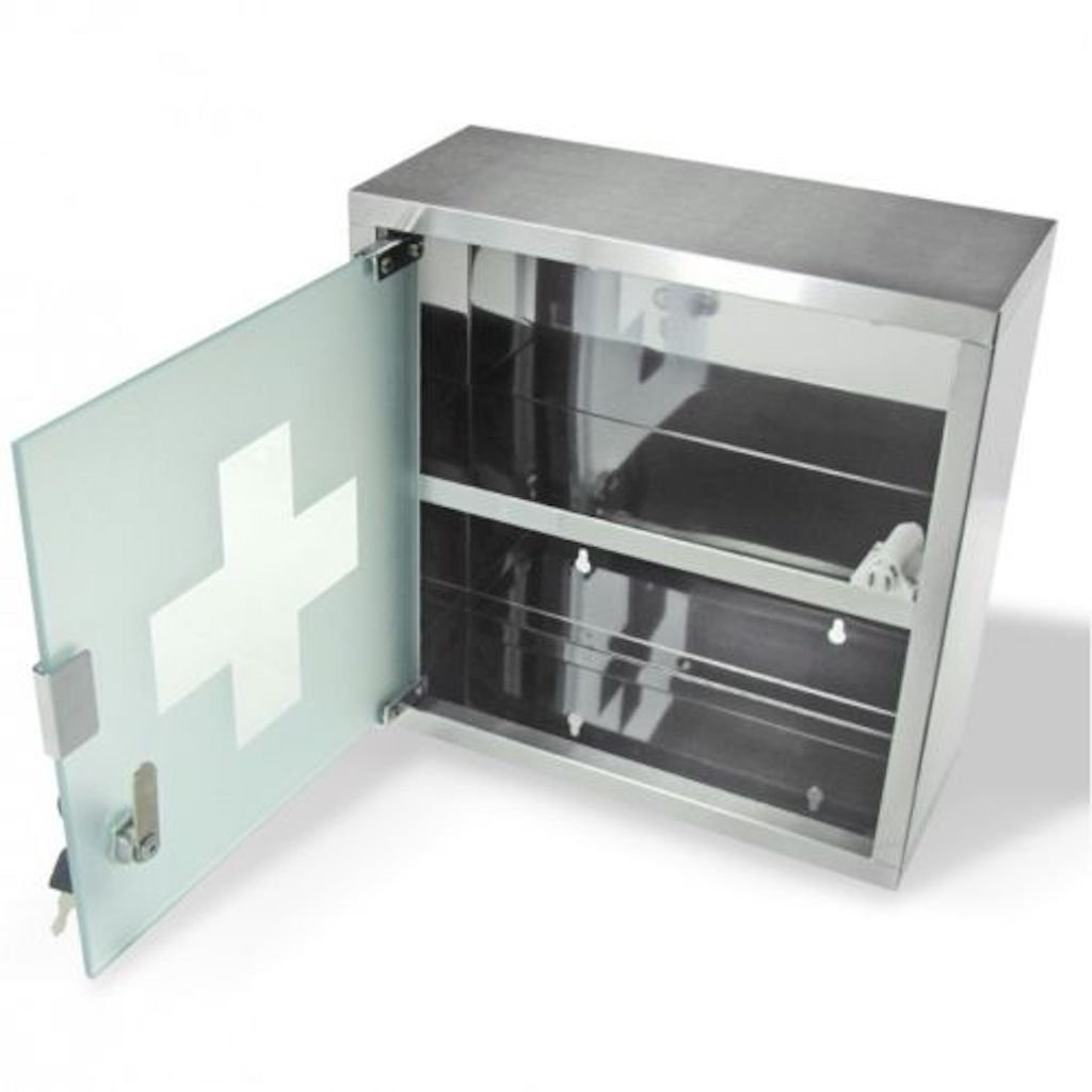 Stainless Steel & Frosted Glass Wall Mount Medical Cabinet - 12x12x5 Inch Lockable First Aid Storage with 2 Shelves for Medicine, Bandages & Supplies | Perfect for Bathroom, Kitchen, Clinic & Home Organization