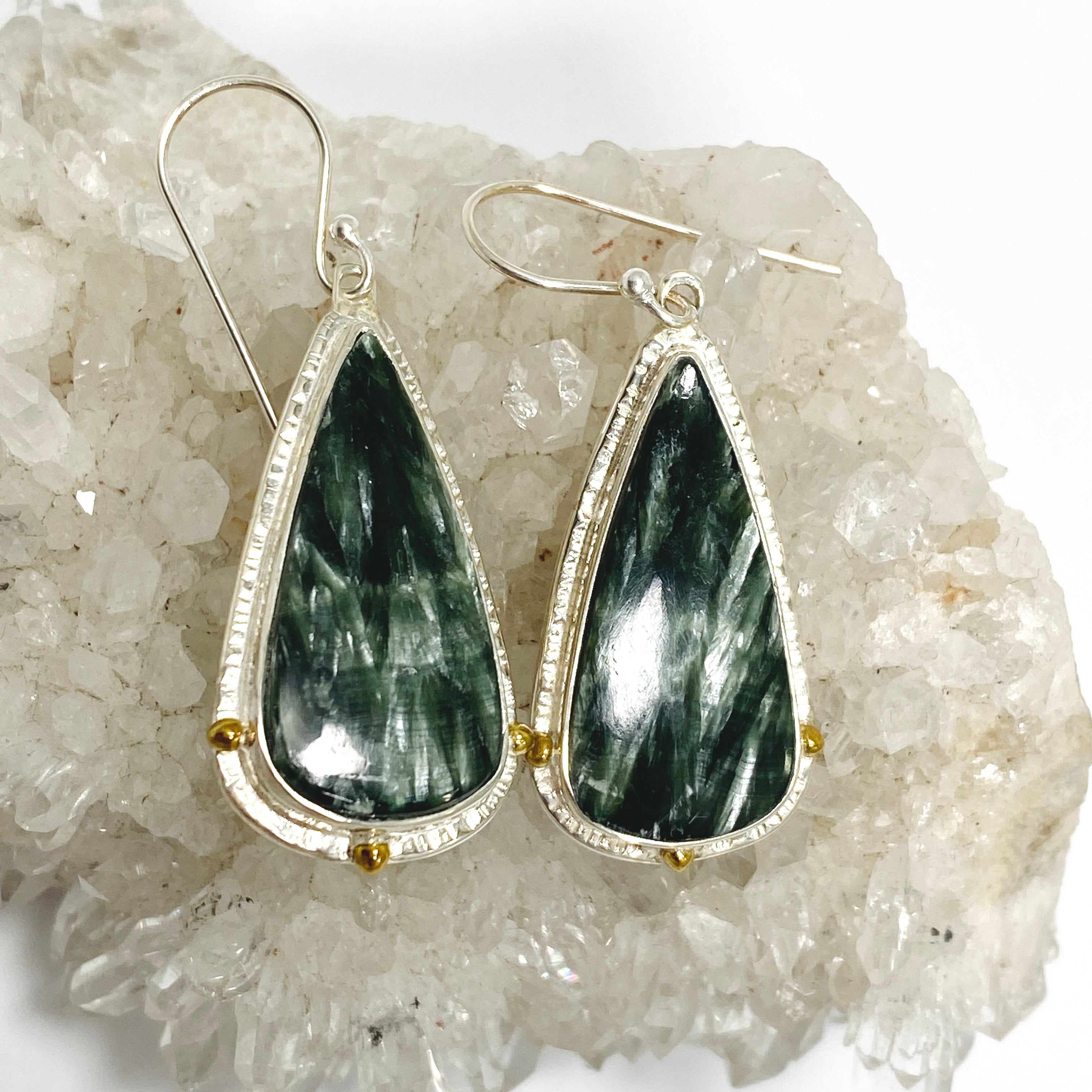 Seraphinite Teardrop Cabochon Earrings - Sterling Silver Handmade Jewelry for Women | Elegant Gift for Birthday, Anniversary & Special Occasions