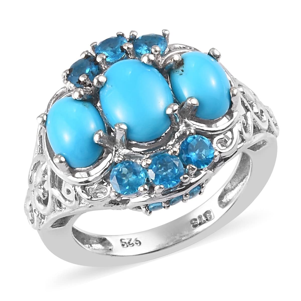 925 Sterling Silver Platinum Plated Ring with Natural Neon Apatite & Sleeping Beauty Turquoise - Women's Jewelry Gift for Valentine's Day, Wedding, Engagement, Anniversary & Mother's Day - Size 6 | Perfect for Everyday Wear, Date Nights & Special Occasions