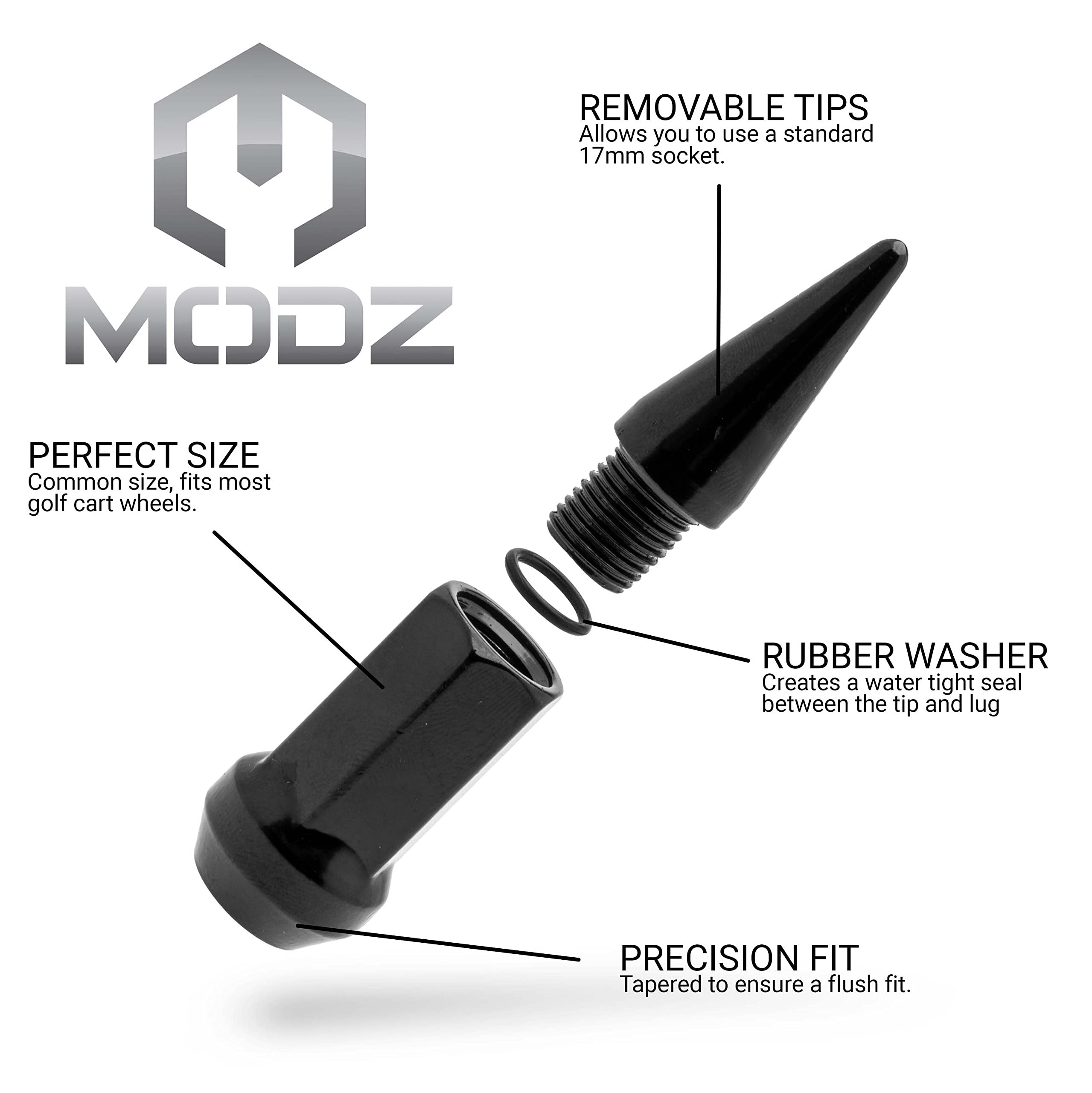 MODZ Golf Cart Black Spiked Lug Nuts - Set of 16 for Yamaha Golf Carts - Metric 12x1.25 Thread Size - Heavy Duty Wheel Accessories for Off-Road & Custom Golf Cart Upgrades