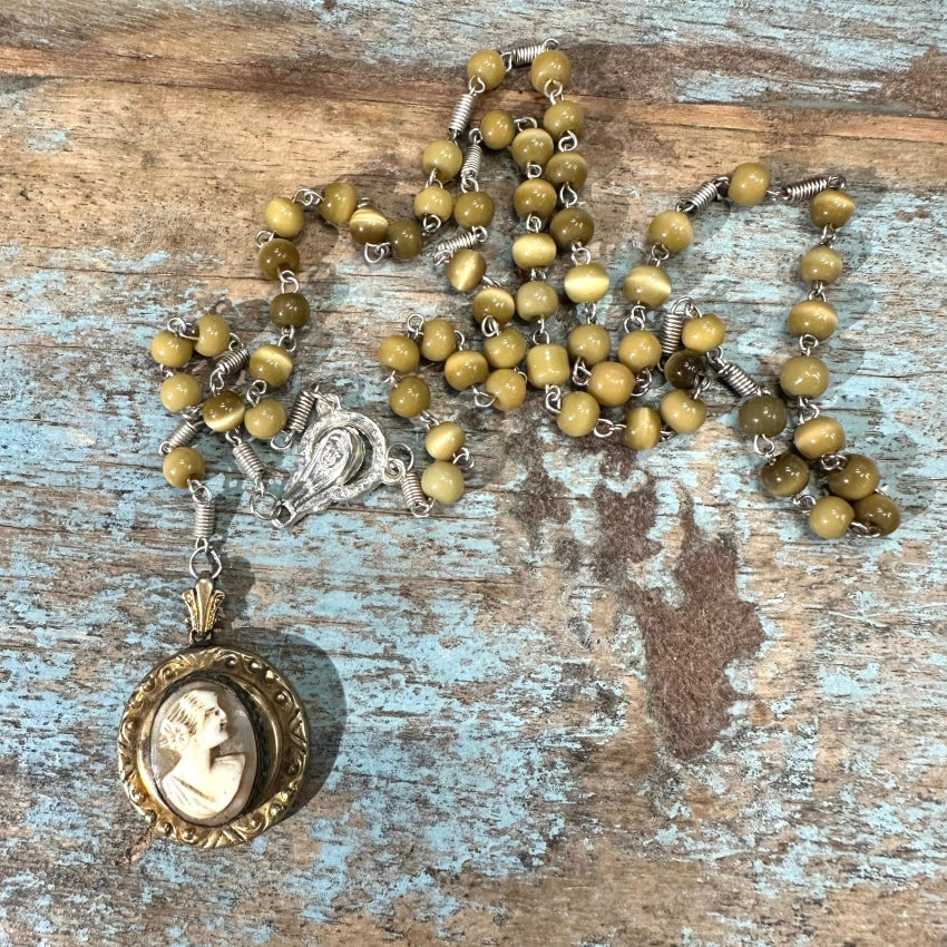 Vintage Beaded Carved Shell Cameo Rosary Necklace - Elegant Religious Jewelry for Women, Perfect for Church, Weddings & Special Occasions