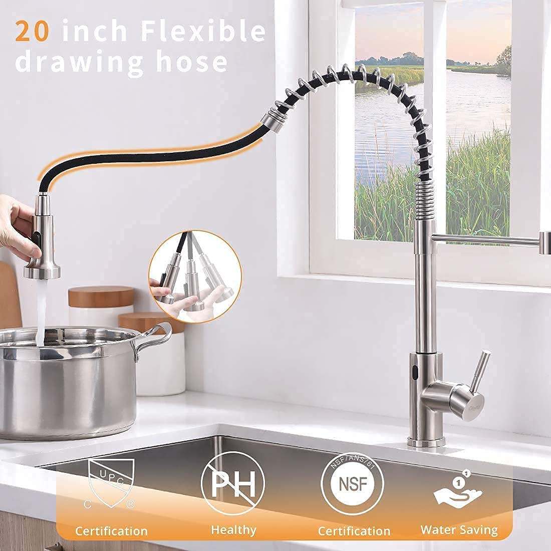 GIMILI Hands-Free Spring Kitchen Faucet with Deck Plate, Brushed Nickel Finish - Ideal for Modern Kitchens and Easy Cleaning
