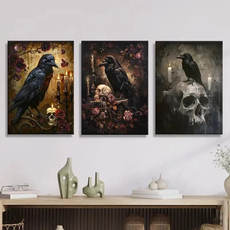 3-Piece Skeleton Crow Art Metal Print - Dark Fantasy Gothic Wall Decor - Ready to Hang - Perfect for Halloween, Gothic Home Decor & Horror Themed Rooms