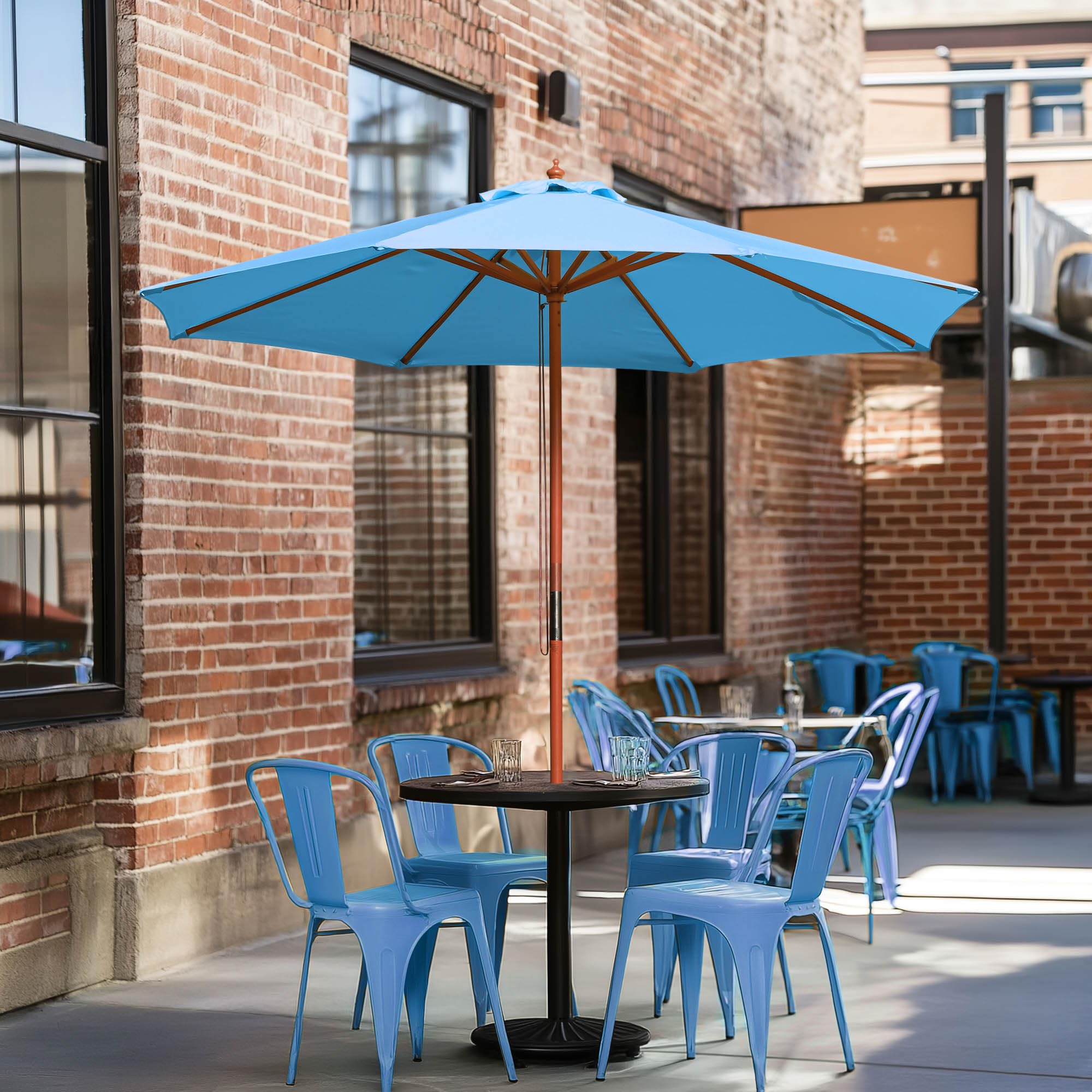 Yescom 9ft Wooden Outdoor Patio Umbrella with Pulley - Blue Market Garden Beach Umbrella for Yard, Deck & Cafe - Perfect for Sunshade, Poolside Lounging and Outdoor Dining