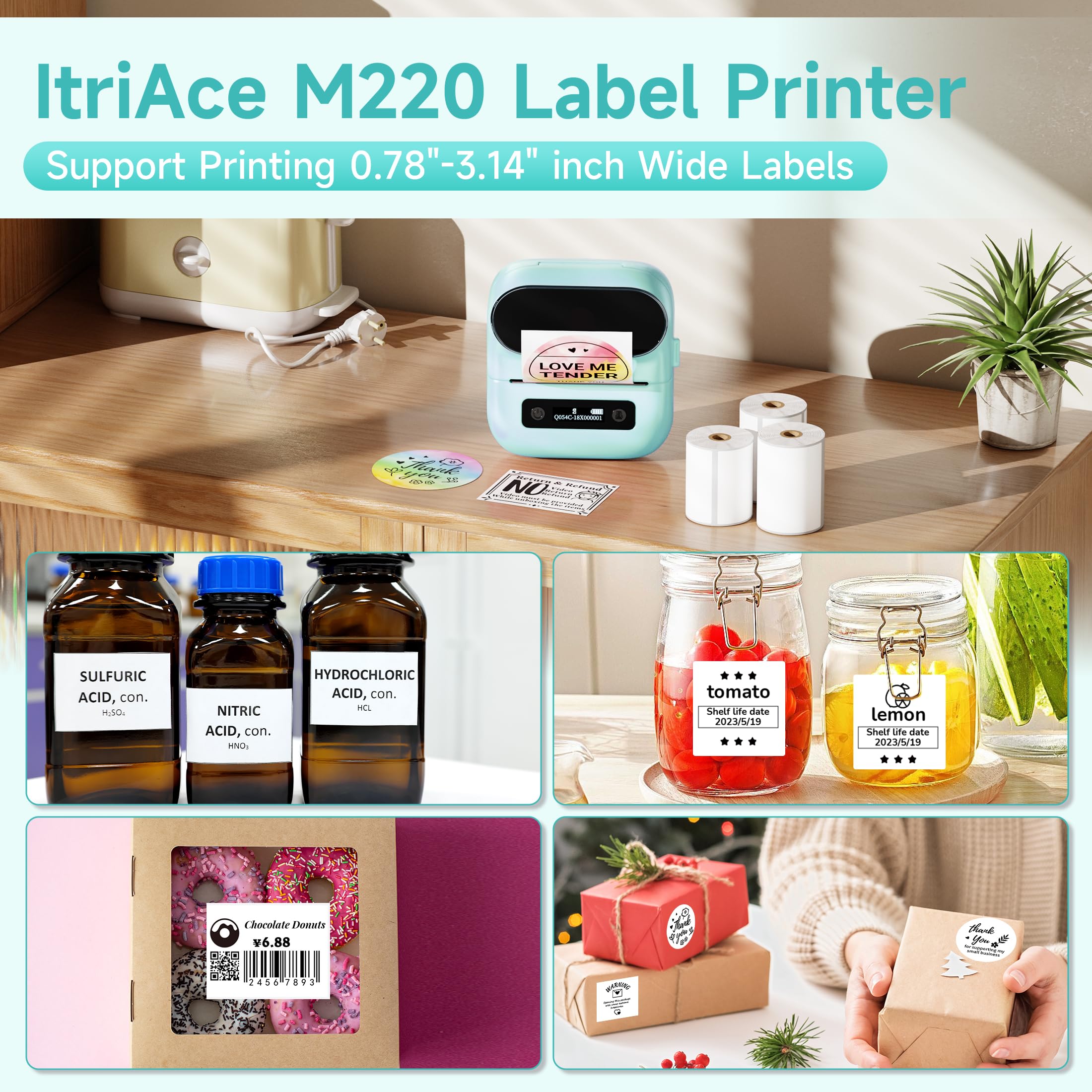 M220 Bluetooth Label Maker - Portable Thermal Sticker Printer for Small Business & Home Use | Compatible with Smartphone & PC | Prints 0.78-3.14 Inch Labels (Green) | Perfect for Organizing, Shipping & Craft Projects