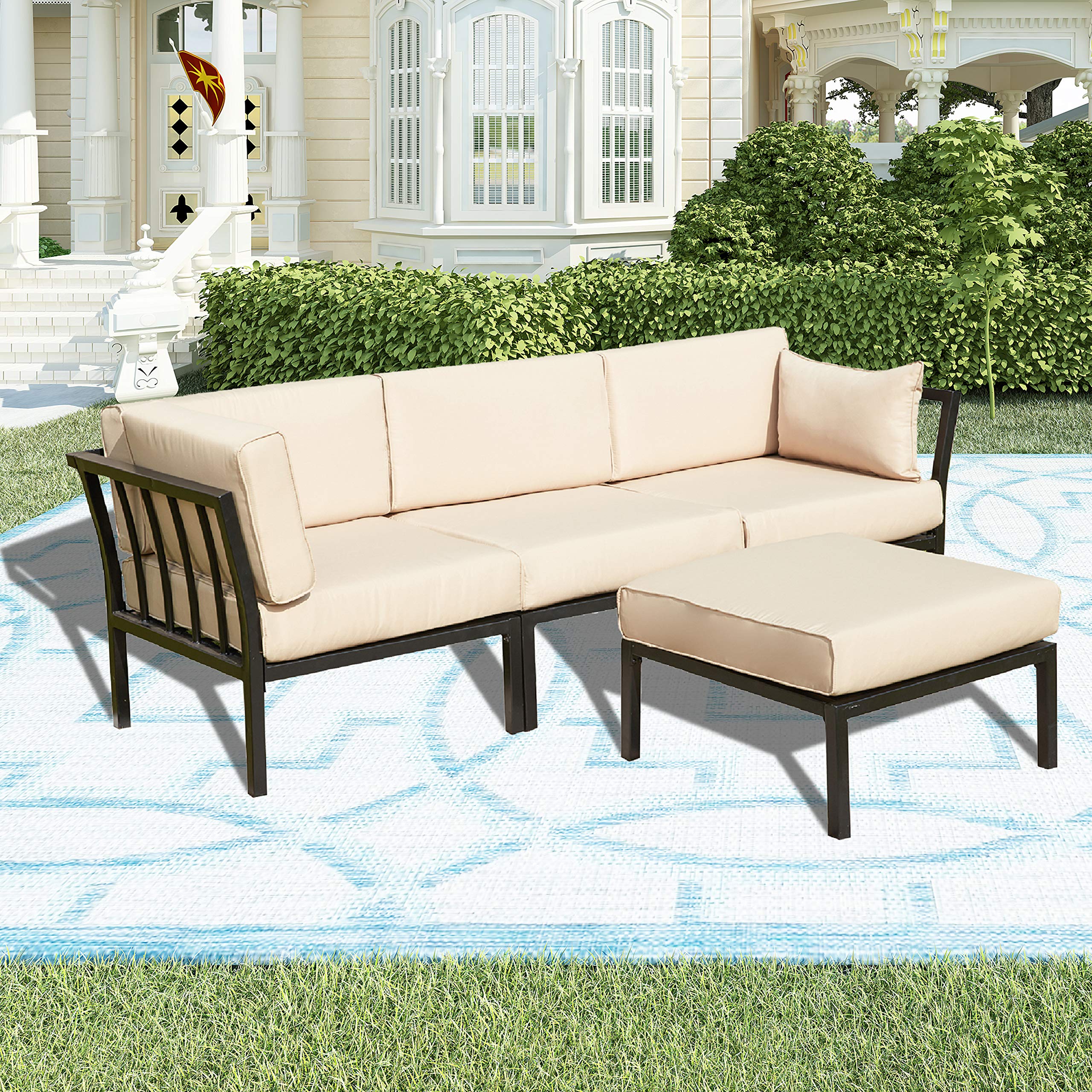 LOKATSE HOME 4-Piece Outdoor Patio Furniture Set - Waterproof Wicker Sectional Sofa with 2 Corner Chairs, 1 Armless Chair & Ottoman - Khaki Cushions - Perfect for Backyard, Garden, Poolside & Patio Relaxation
