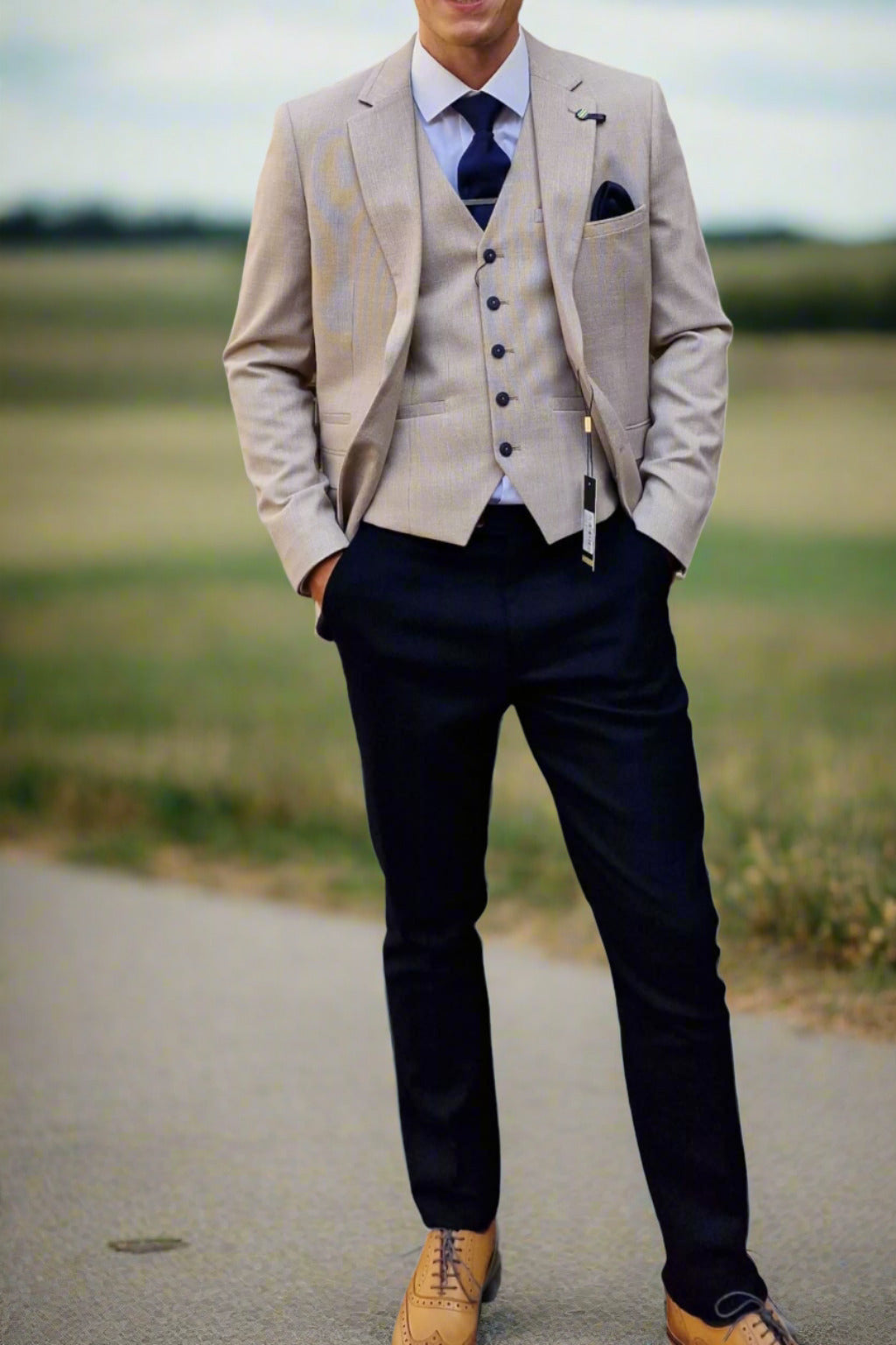 Cavani Miami Beige 3-Piece Suit with Navy Trousers for Men | Formal Business Attire | Perfect for Weddings, Office Meetings & Special Events