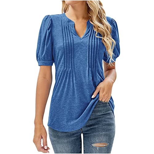 Wirziis Women's Summer T-Shirts - Puff Short Sleeve V-Neck Tunic Tops, Solid Color Loose Fit Blouses, Casual Pleated Tee Shirts for Beach, Vacation & Everyday Wear