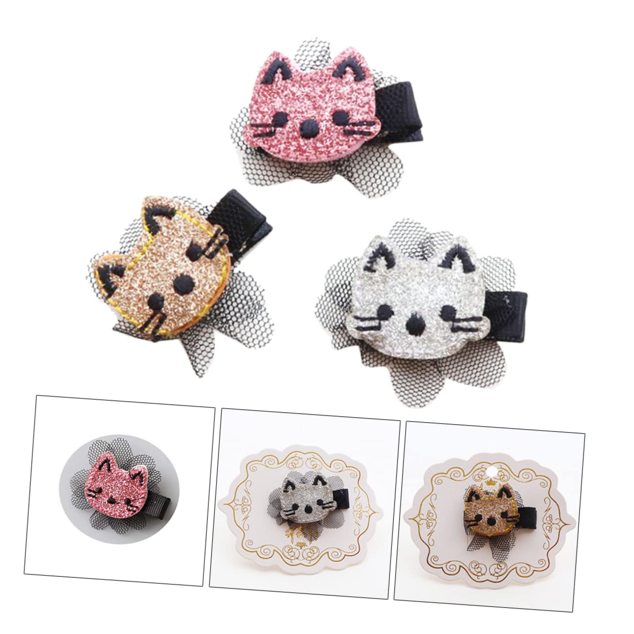 Minkissy 6pcs Gold Alligator Hair Clips Set - Glitter Animal Hair Bows, Lace Barrettes & Cat Hairpins for Girls | Perfect for School, Parties & Everyday Hairstyles