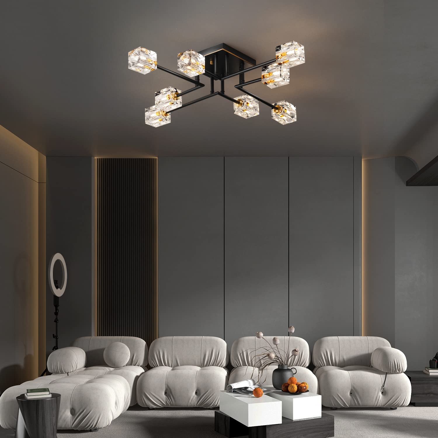 8-Lights Semi Flush Mount Ceiling Light Fixture - Black and Gold Modern Crystal Chandelier - Farmhouse Lighting for Dining Room, Living Room, Kitchen, Bedroom, Entryway - Perfect for Home Decor, Wedding Venues & Restaurants