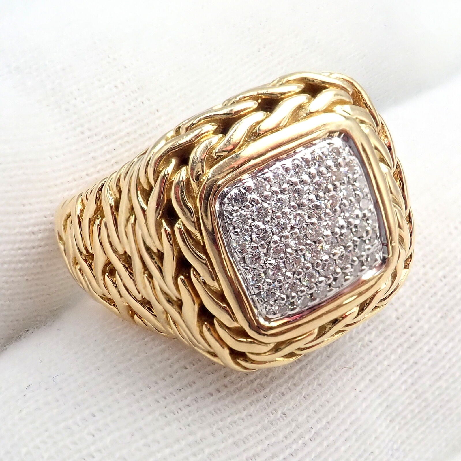 Authentic John Hardy JH 18K Yellow Gold Diamond Square Signet Signature Ring for Men & Women - Luxury Jewelry Gift for Anniversary, Wedding & Special Occasions