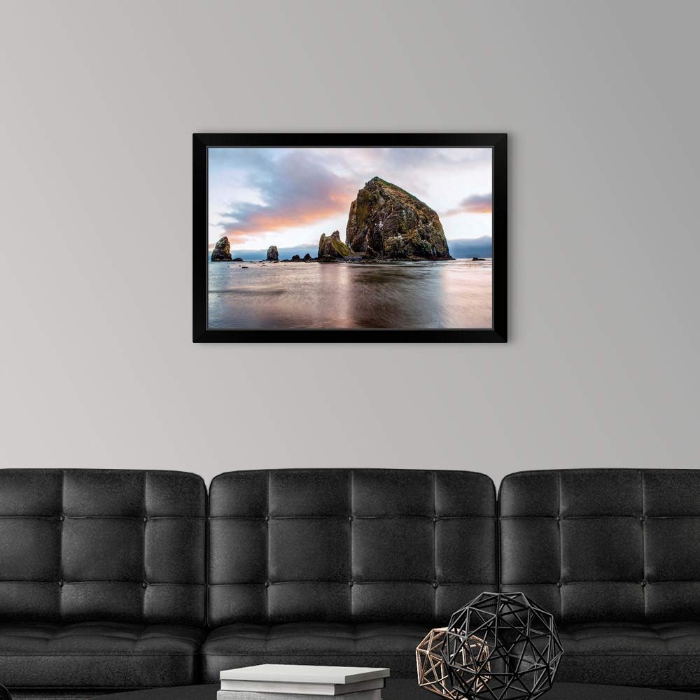 Haystack Rock Cannon Beach Oregon Black Framed Wall Art Print - Coastal Decor for Living Room, Bedroom & Office - Oregon Landscape Artwork