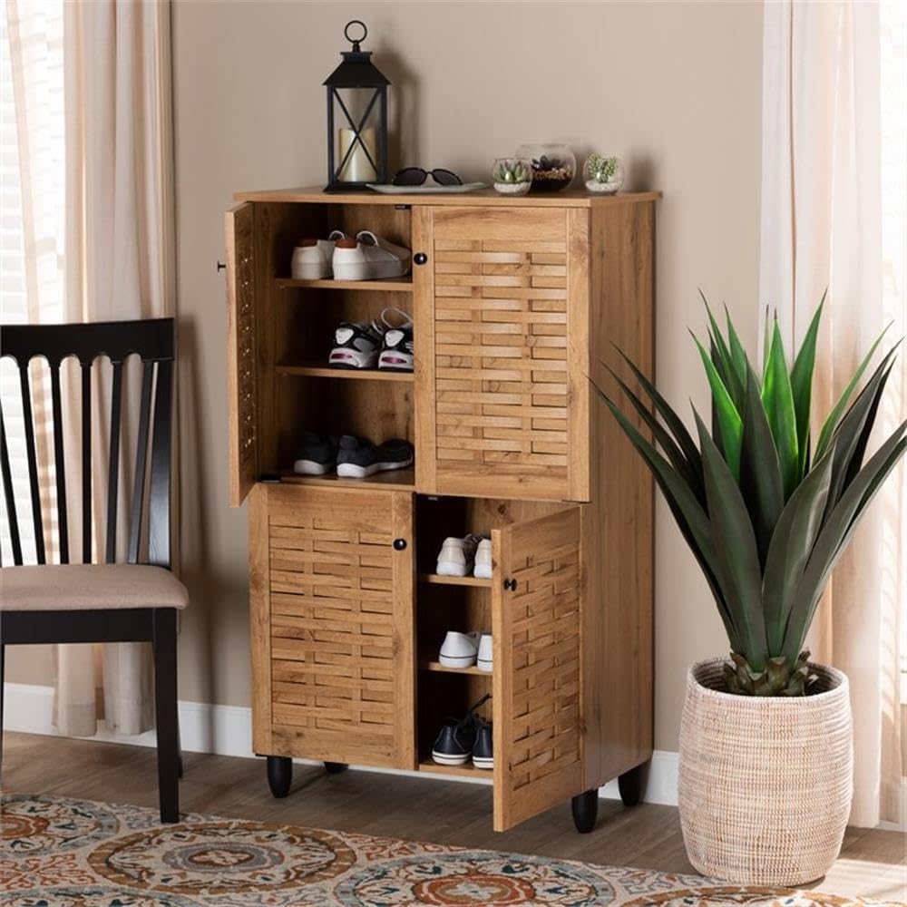 Baxton Studio Winda Modern 4-Door Shoe Storage Cabinet - Solid Oak Wood with Brown Finish for Entryway, Closet & Bedroom Organization