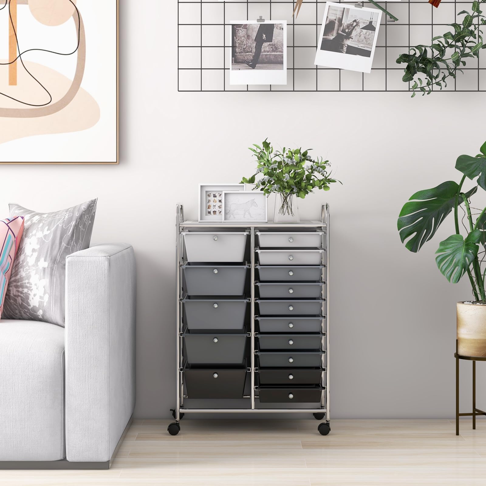 HAPPYGRILL 15-Drawer Rolling Storage Cart with Wheels - Mobile Organizer for Office, School & Home - Perfect for Tools, Paper & Supplies Storage