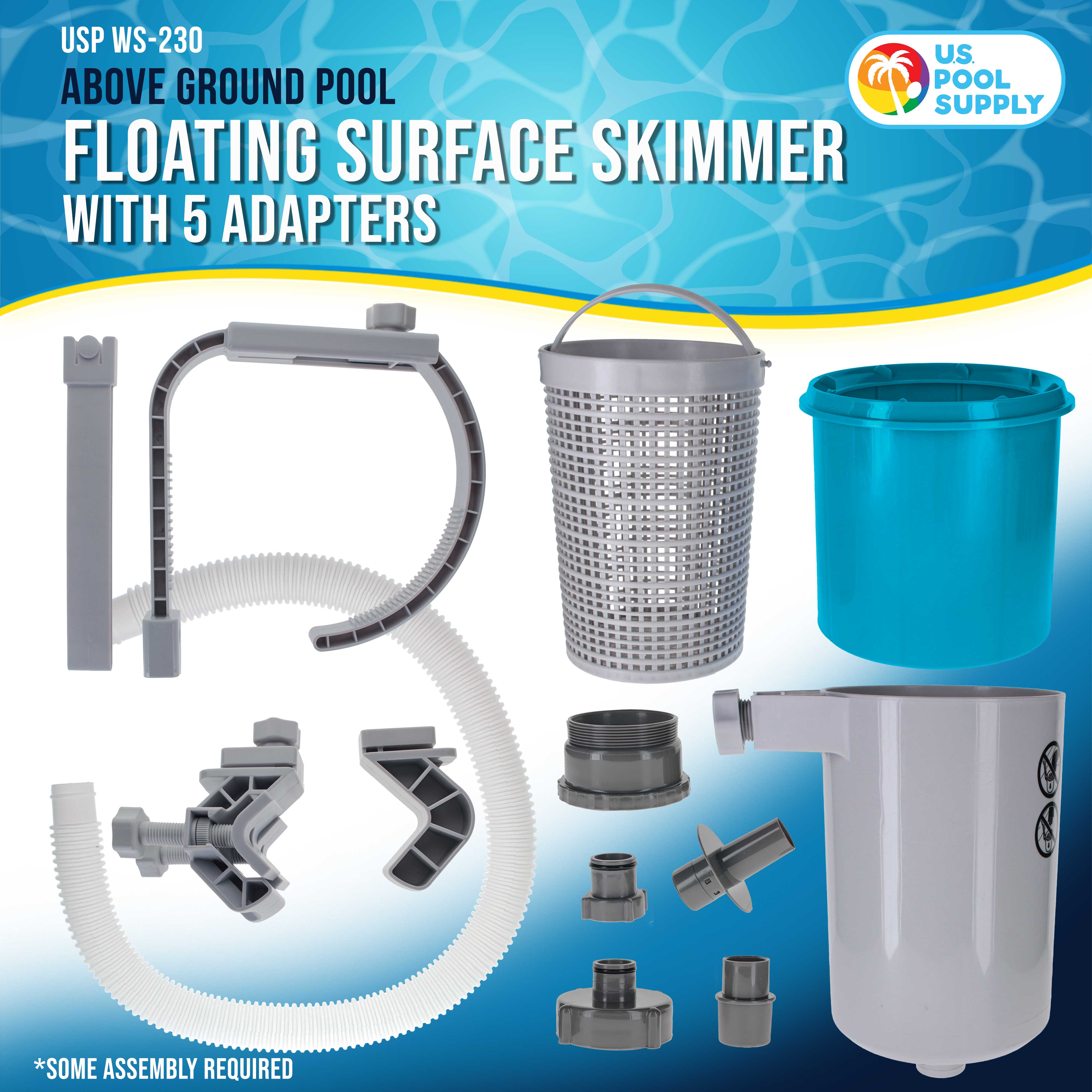 Floating Pool Skimmer for Above Ground Pools - 5 Adapter Kit with Debris Basket | Wall Mount & Inflatable Collar Compatible | Perfect for Metal Frame & Tubular Pools | Keep Your Pool Clean All Season