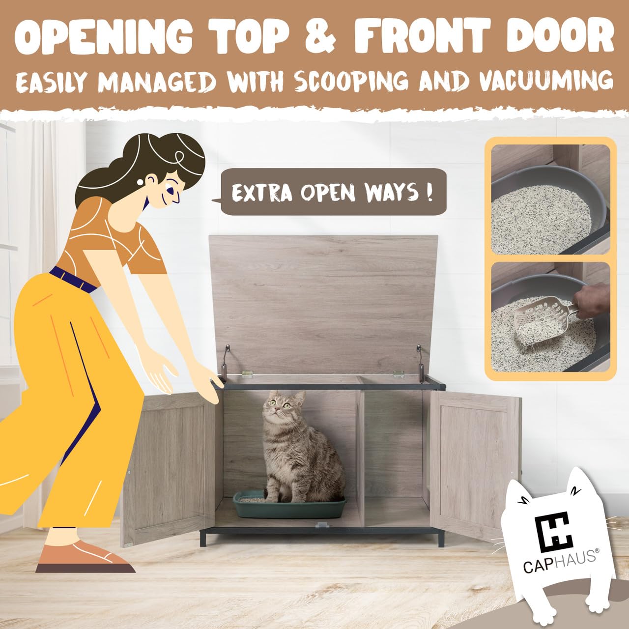 CAPHAUS White Wooden Cat Litter Box Furniture with Divider - Hidden Flip-Top Enclosed Washroom for Large Cats - Indoor Cat House with Double Doors & Metal Frame - Perfect for Small Spaces & Home Decor