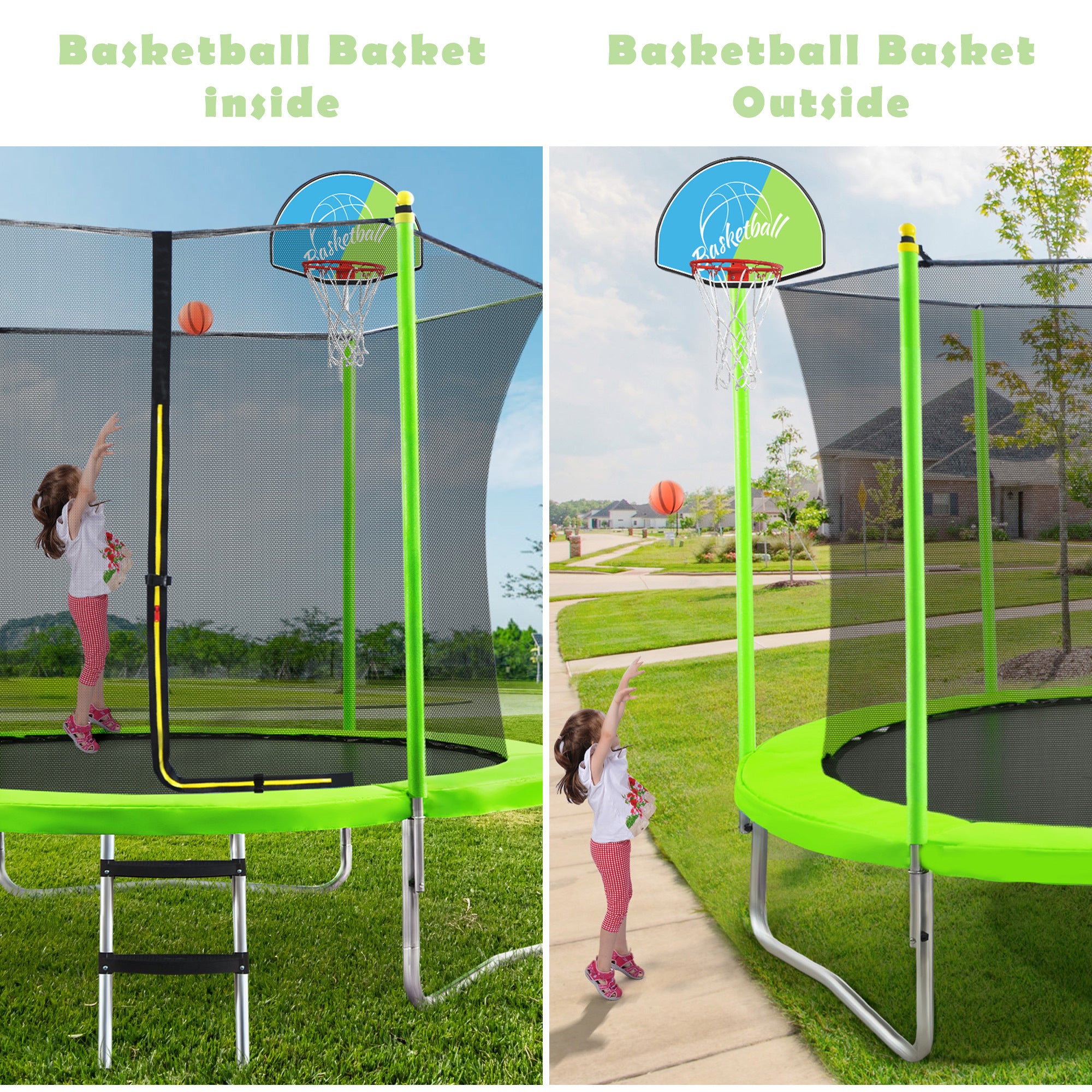 10FT Kids Trampoline with Safety Enclosure Net, Basketball Hoop & Ladder - Easy Assembly Outdoor Round Bouncer for Backyard, Garden & Playground Fun