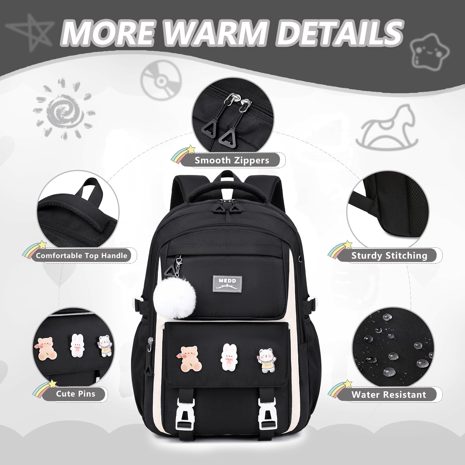 GeeWin Waterproof Stylish Backpack for Girls - School Bookbag for Teens, Kids & Women - Durable Travel Backpack with Pencil Case - Perfect for Elementary, Middle School & College Students (Black) - Ideal for Daily School Use, Weekend Trips & Outdoor Adventures