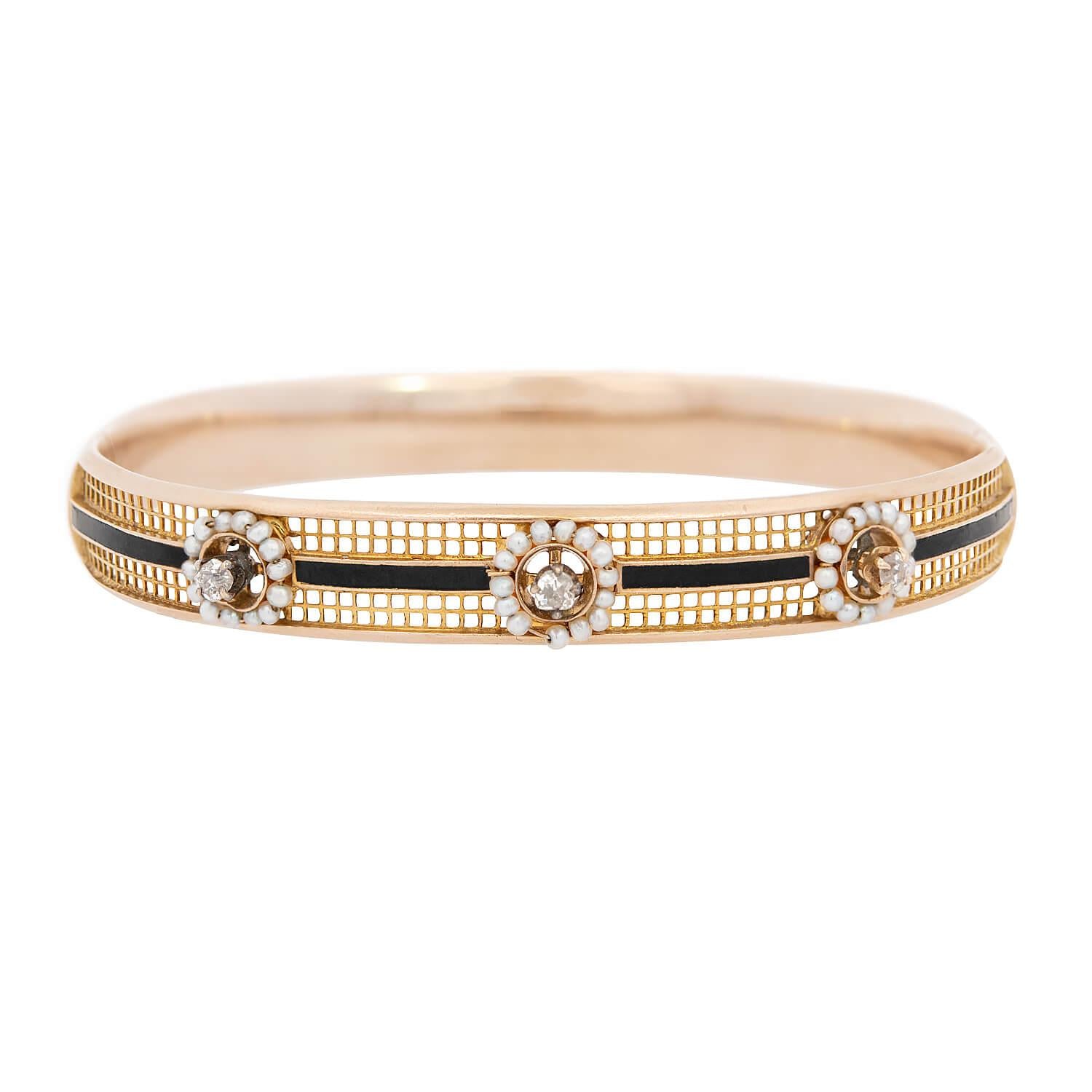 Exquisite Victorian 15K Gold Diamond, Pearl & Enamel Bangle Bracelet - Vintage Jewelry for Weddings, Parties & Special Occasions