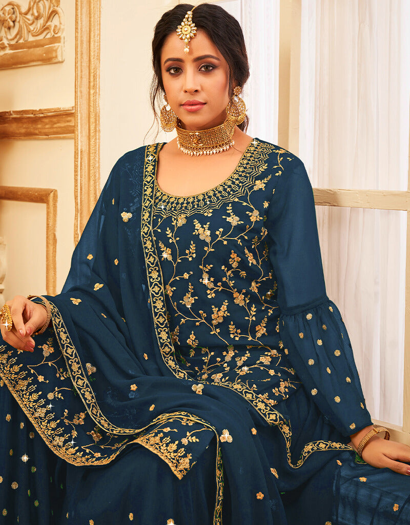 Elegant Blue Lehenga Style Suit - Faux Georgette Fabric for Women | Perfect for Weddings, Parties & Festive Occasions