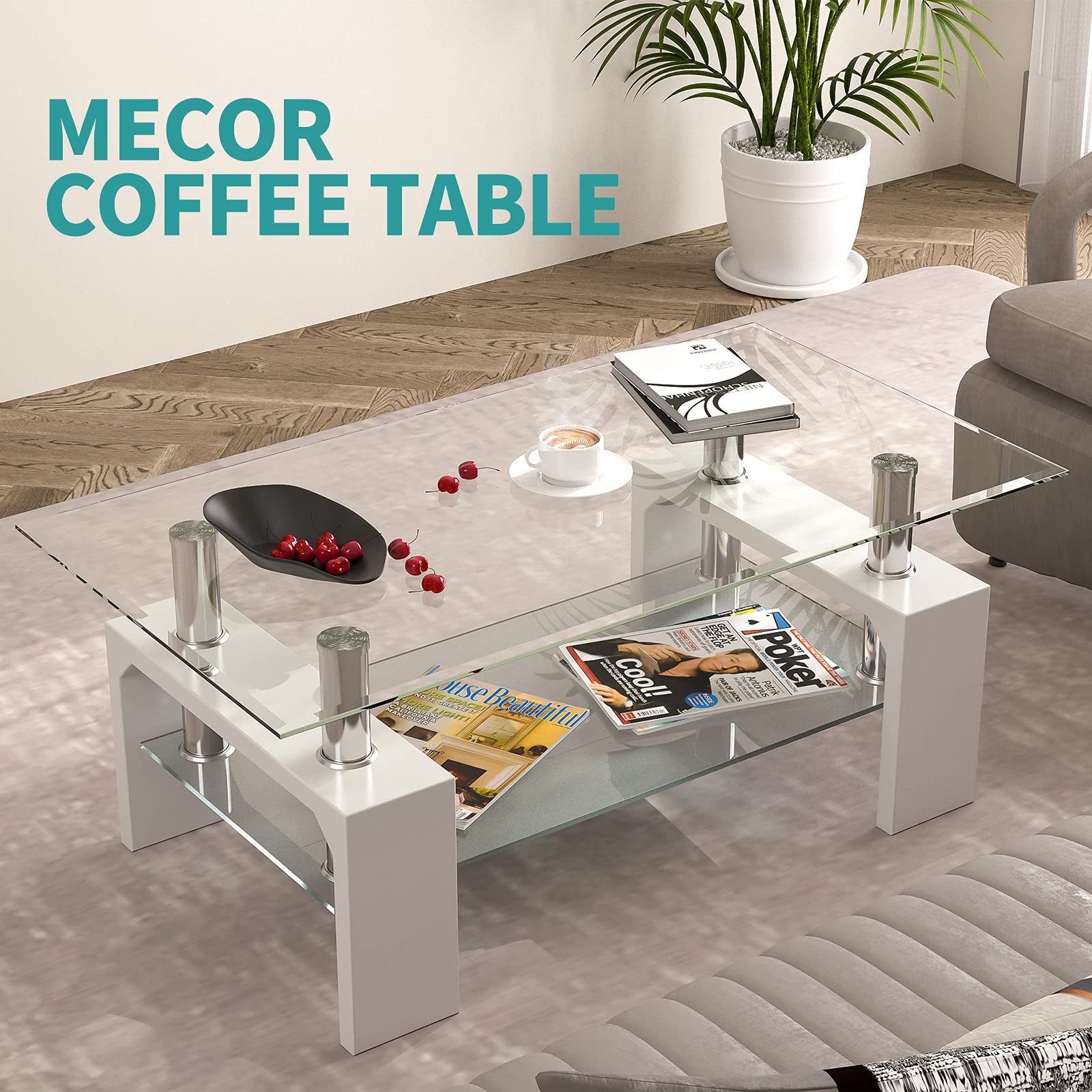 Modern White Rectangle Glass Coffee Table with Lower Storage Shelf & Metal Legs - Stylish Living Room Furniture for Small Spaces & Apartments