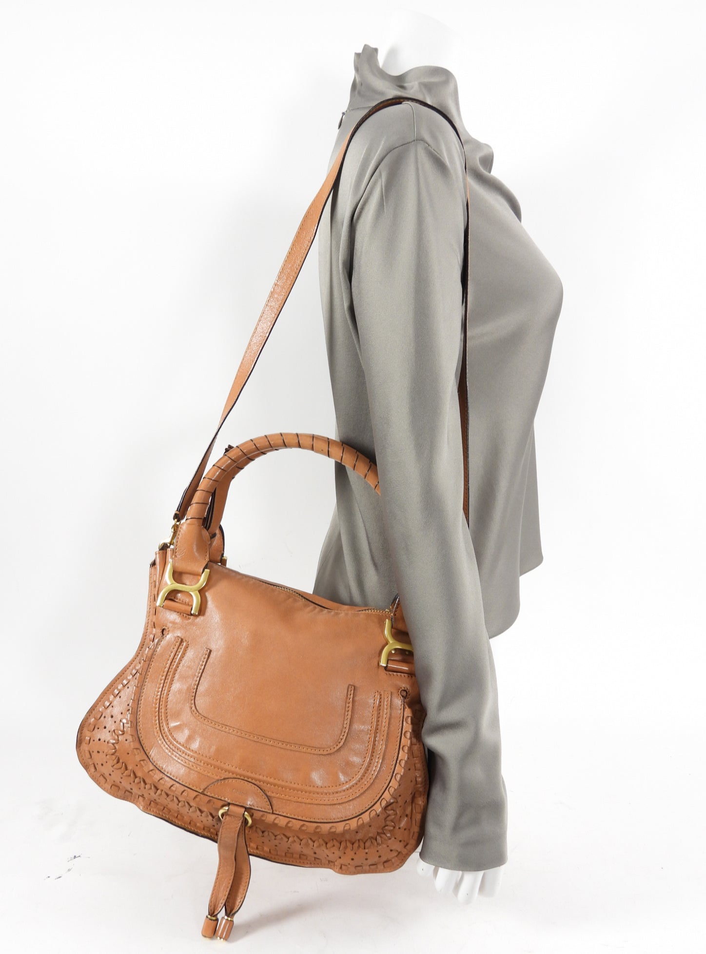 Chloe Tan Leather Large Marcie Two-Way Shoulder Bag - Luxury Designer Handbag for Women | Perfect for Work, Travel & Everyday Use