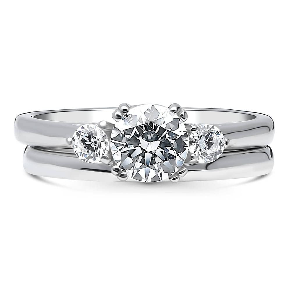 BERRICLE Sterling Silver 3-Stone Wedding & Engagement Ring Set for Women - 0.8 Carat Round Cut Cubic Zirconia CZ, Rhodium Plated, Size 4-10 - Perfect for Proposals, Anniversaries & Special Occasions
