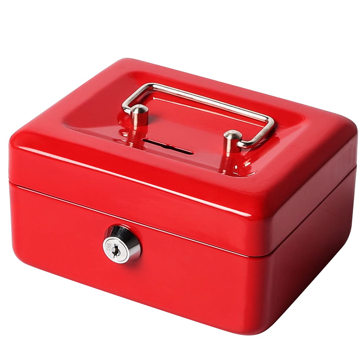 Jssmst Small Locking Cash Box with Money Tray - Secure Money Storage Box for Kids & Home Use - Top Slot Deposit - 5.91 x 4.72 x 2.95 Inch Red Lock Box (CB003-R) - Perfect for Piggy Bank, Allowance Savings, Home Office & Retail Cash Management